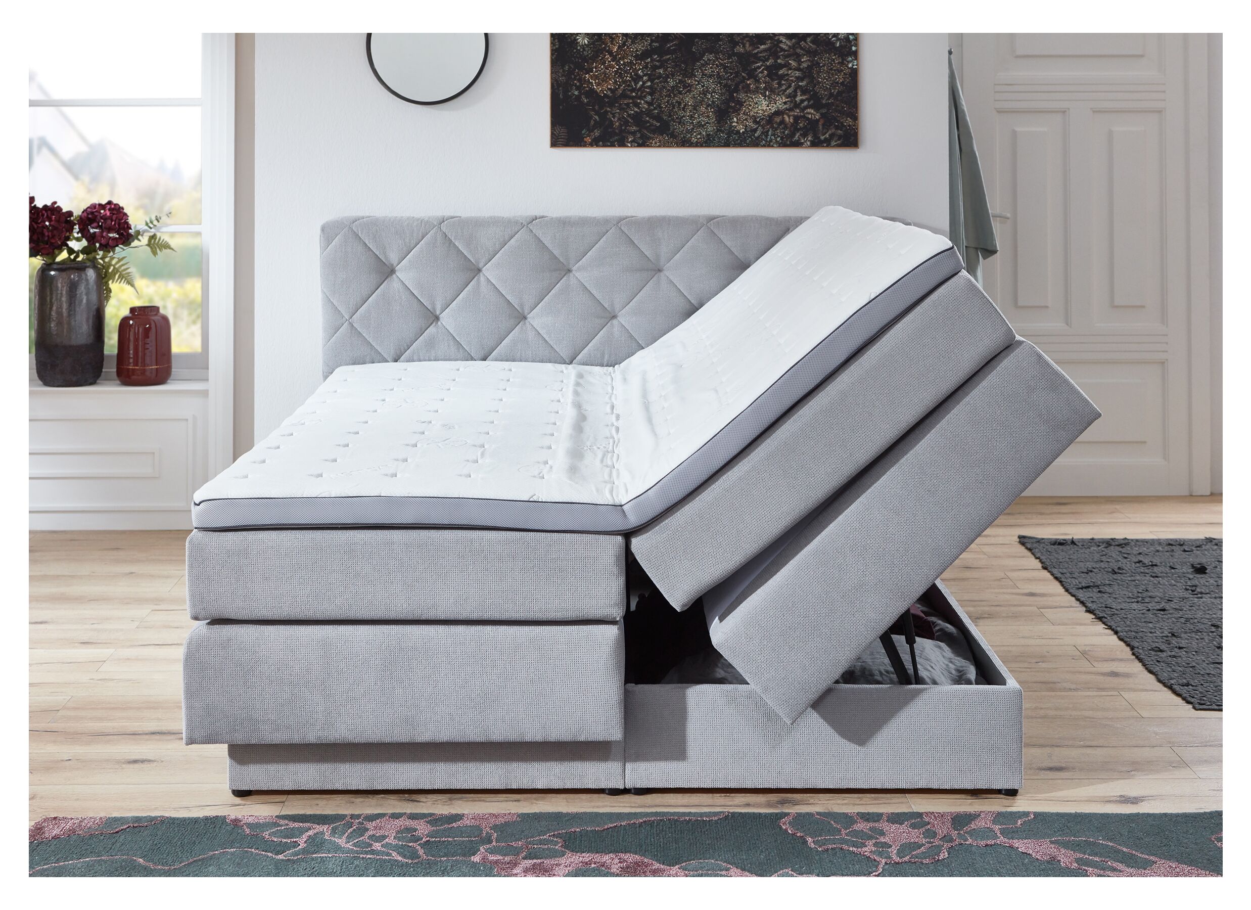 Boxspring BX2060 180x200cm avec rangement tissu gris clair