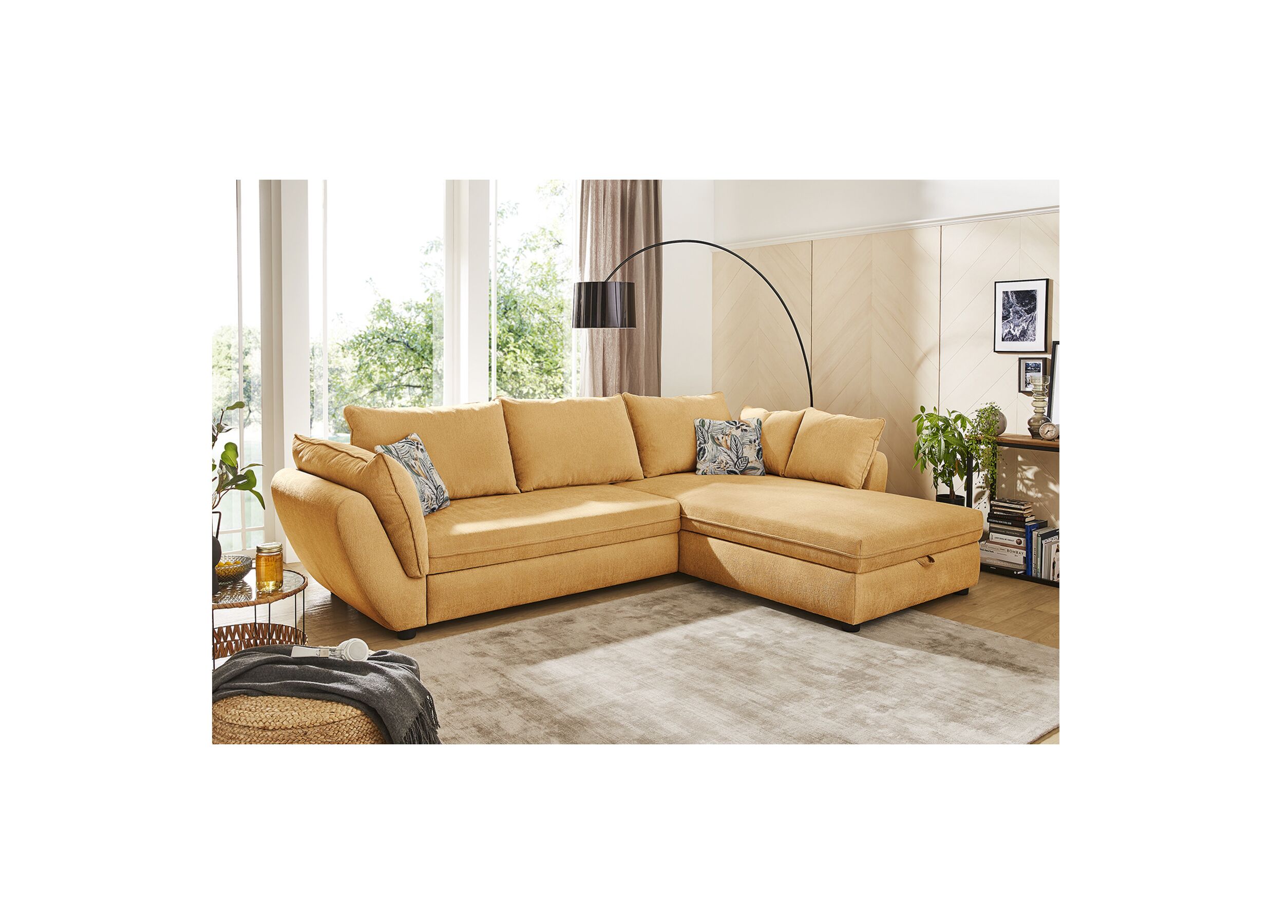 Canapé d'angle Jerez 303x205cm - tissu - jaune avec fonction de lit et rangement