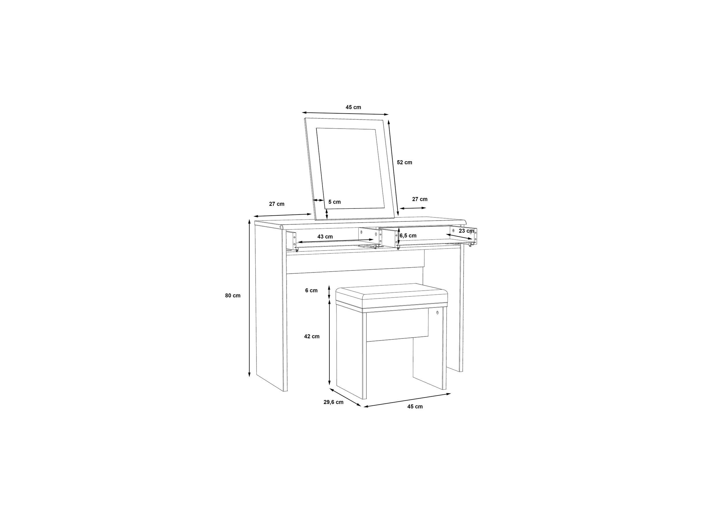 Make-up tafel Dolce met spiegel 100x42x132cm - meubelplaat - mud oak/black oak