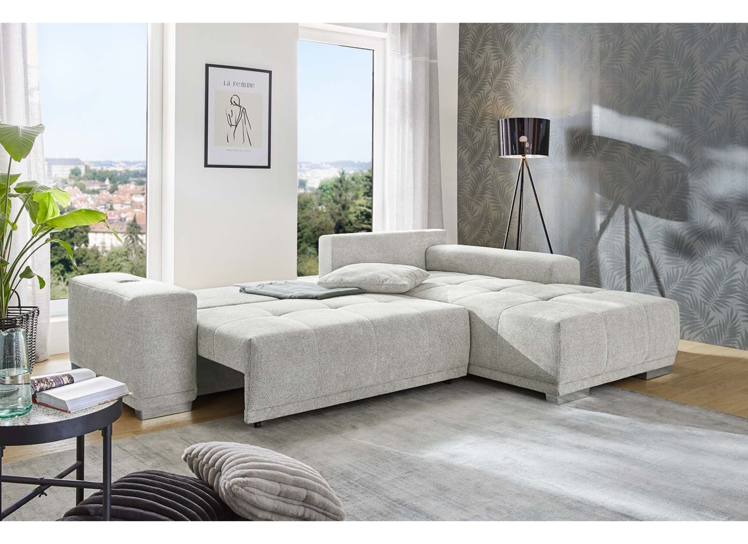 Overzichtsfoto - Hoeksalon Luciano 282x204cm - stof - lichtgrijs met bedfunctie en opbergruimte