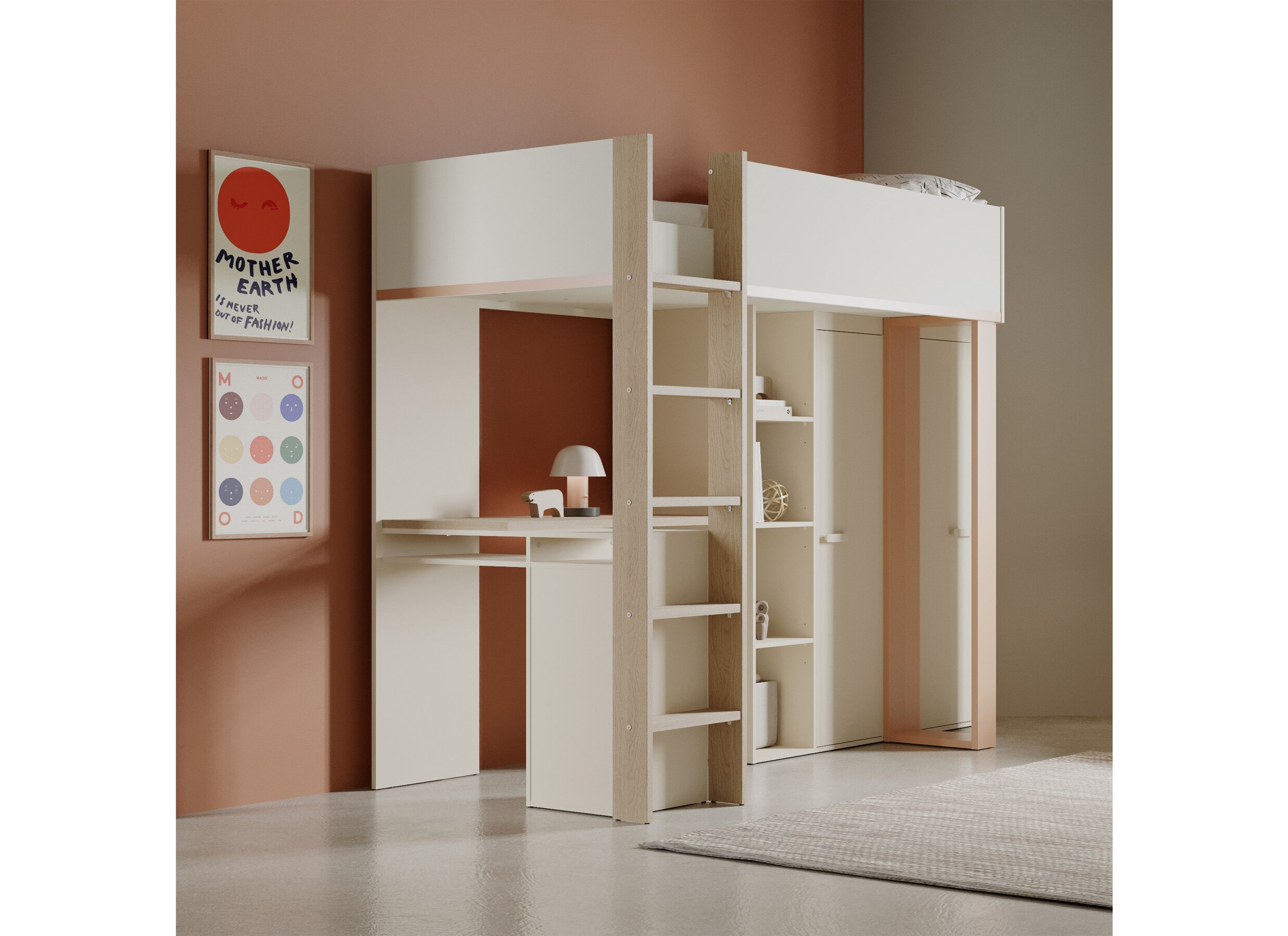 Sfeerfoto - Hoogslaper Camilia 90x200cm - decor - zand beige met bureau en opbergruimte