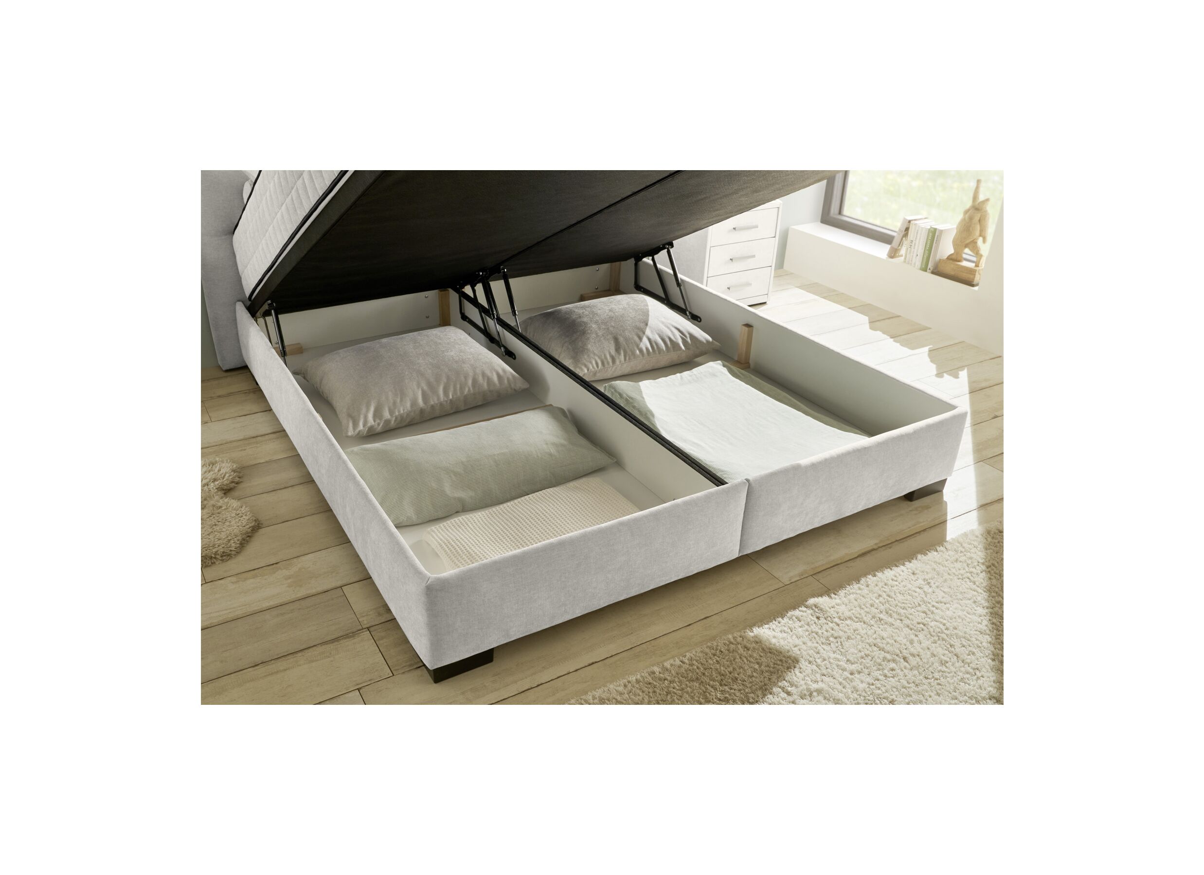 Foto ambiance - Lit box Nagol A 180x200cm avec rangement tissu beige