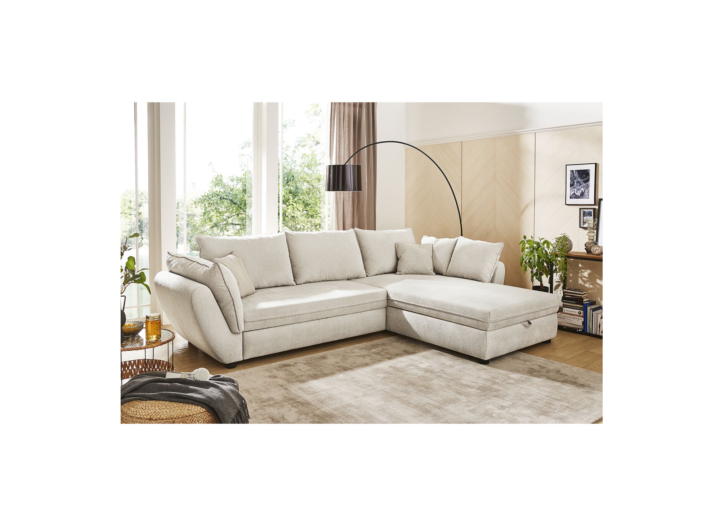 Canapé d'angle Jerez tissu beige avec fonction de lit et rangement