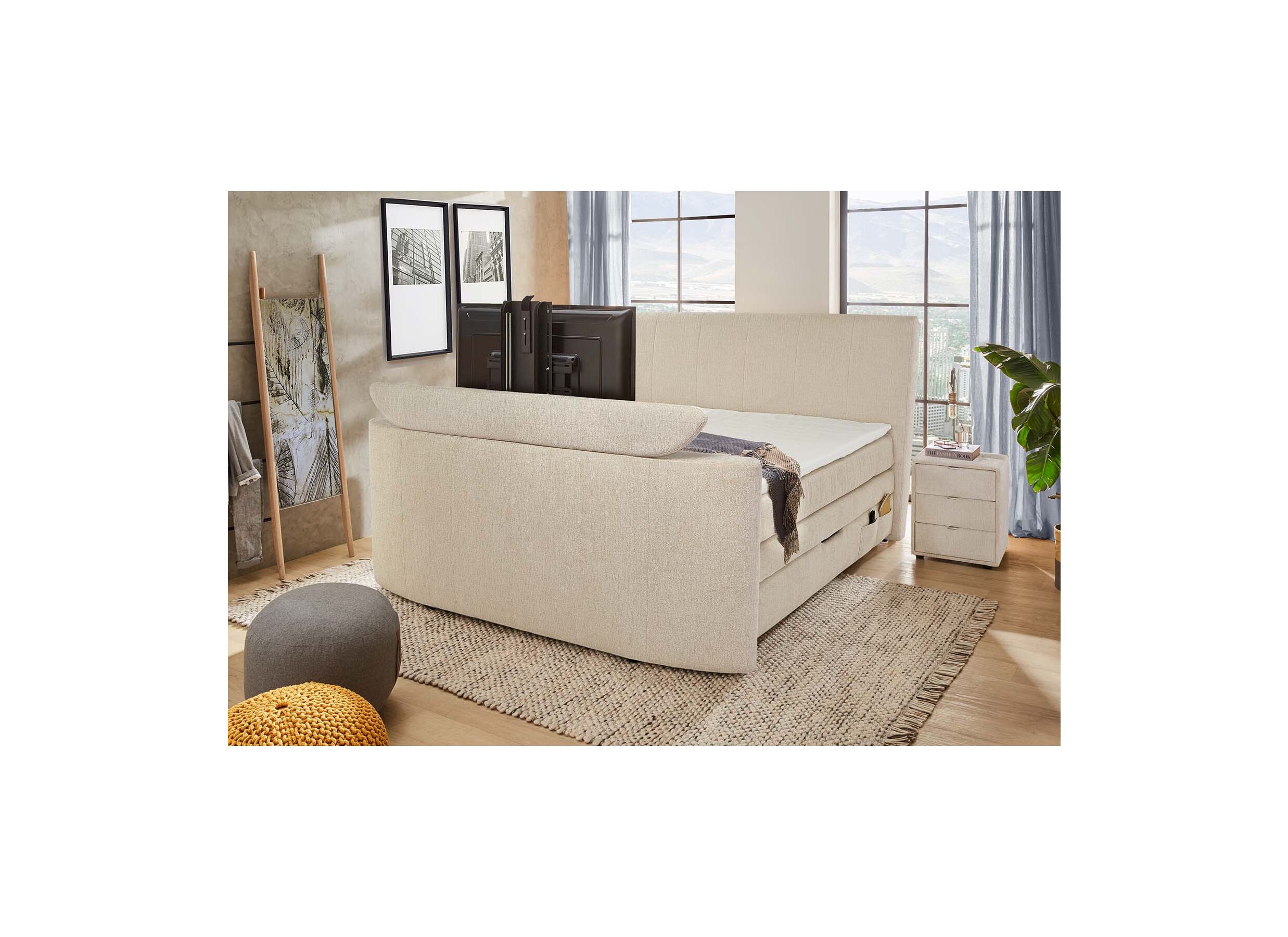 Aperçu - Boxspring Belair Mix 180x200cm avec ascenseur TV et rangement tissu beige