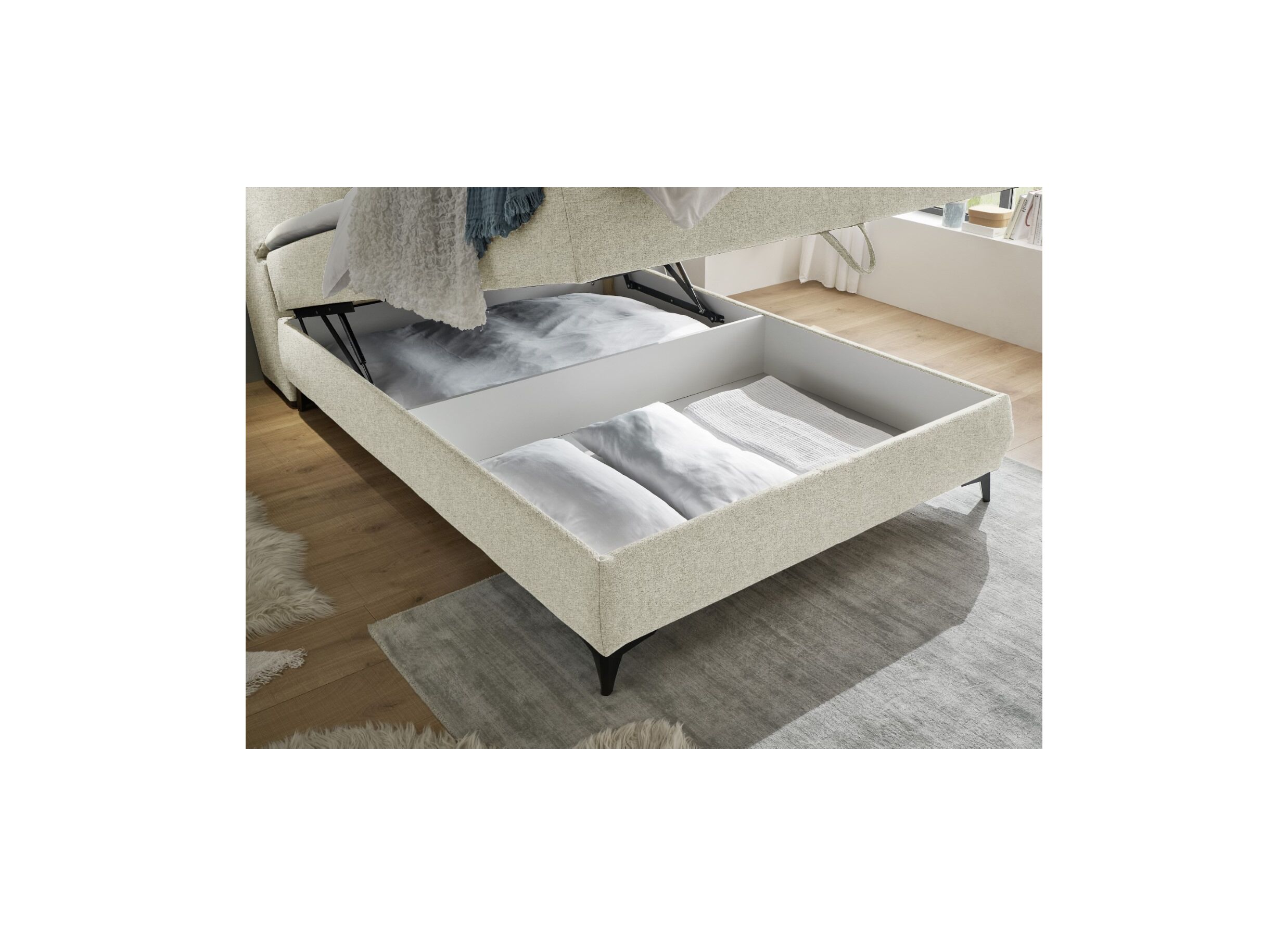 Foto ambiance - Lit box Atlantis 140x200cm avec rangement tissu ivoire