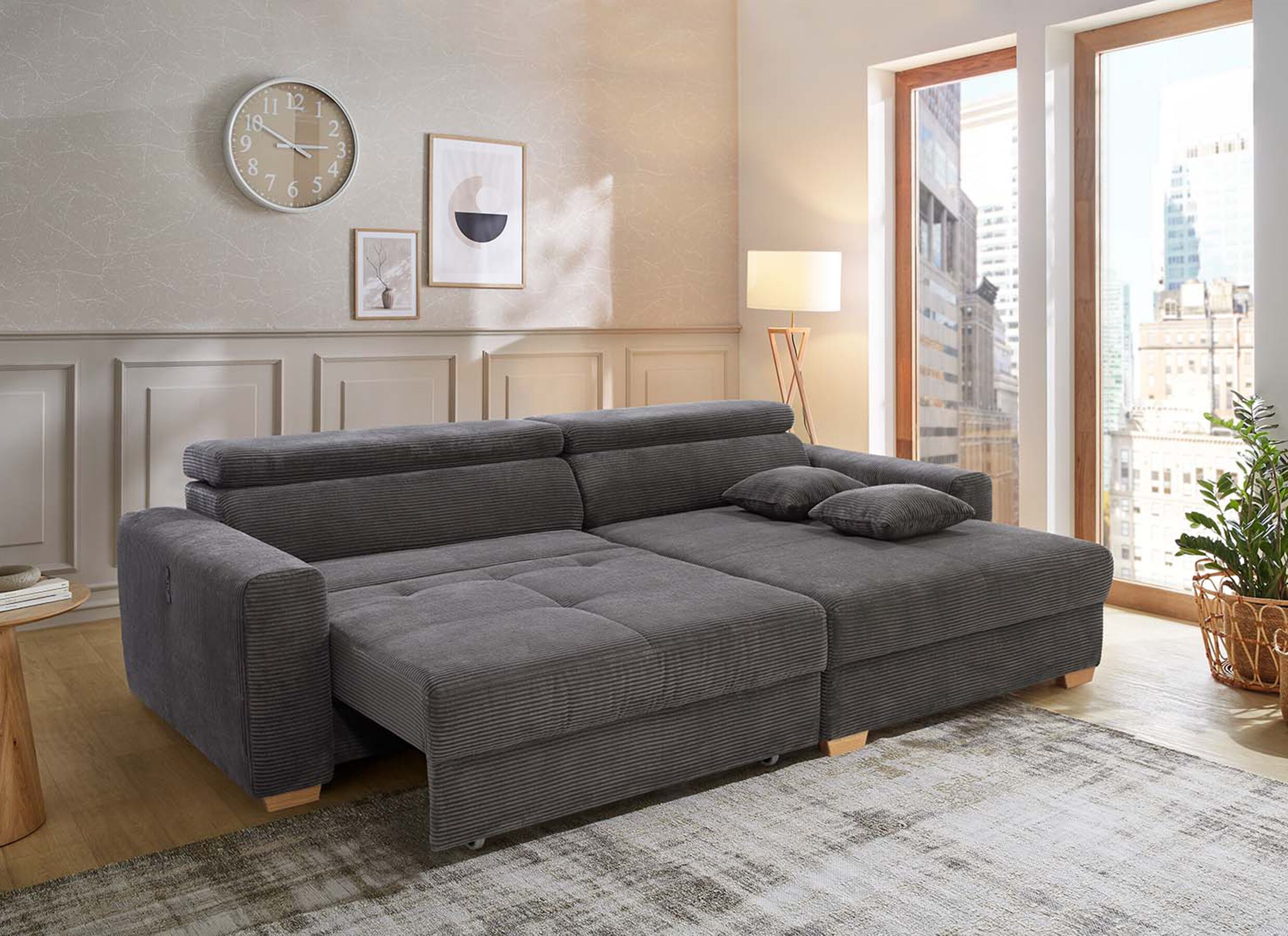 Sfeerfoto - Hoeksalon Slider 279x186cm - ribcord stof - grijs met bedfunctie