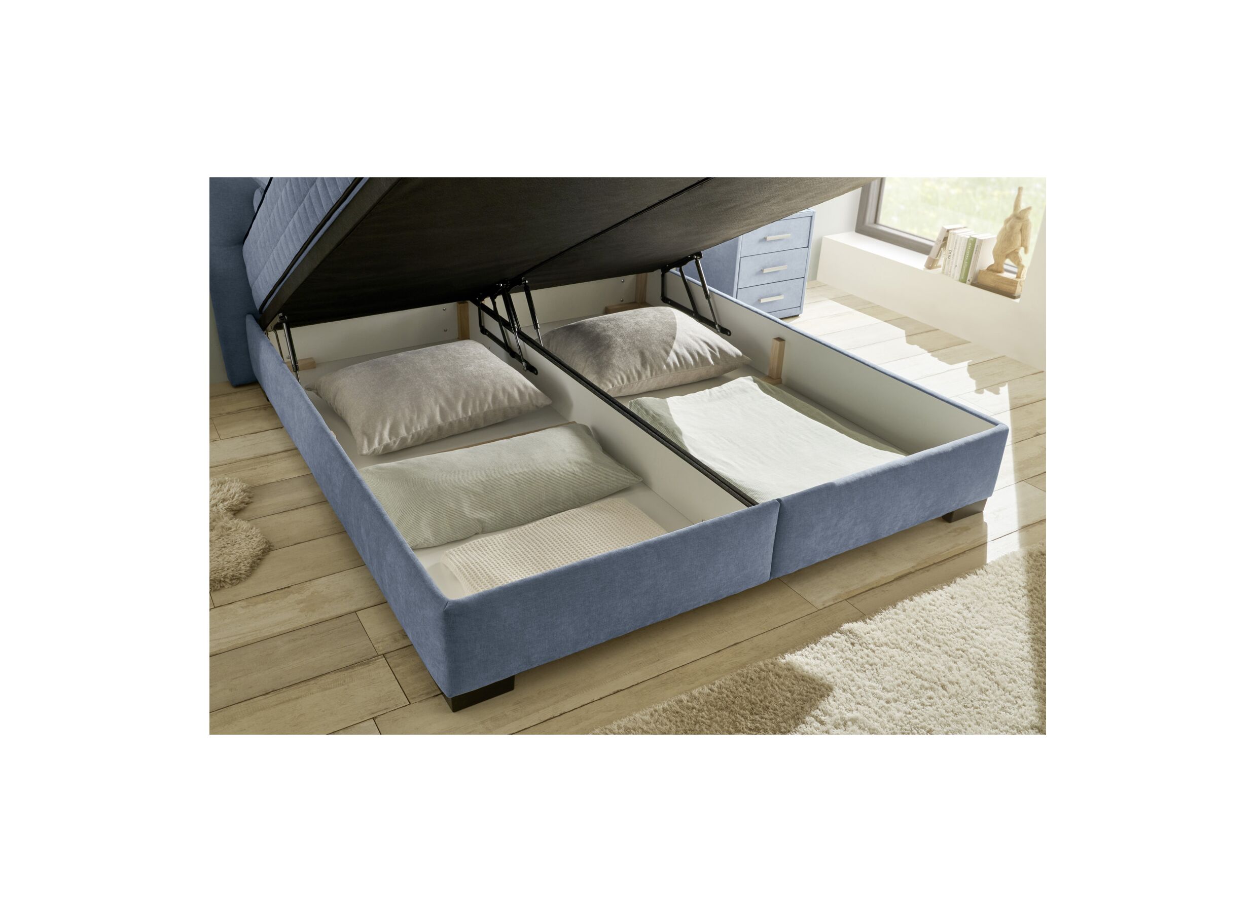 Foto ambiance - Lit box Nagol A 180x200cm avec rangement tissu bleu