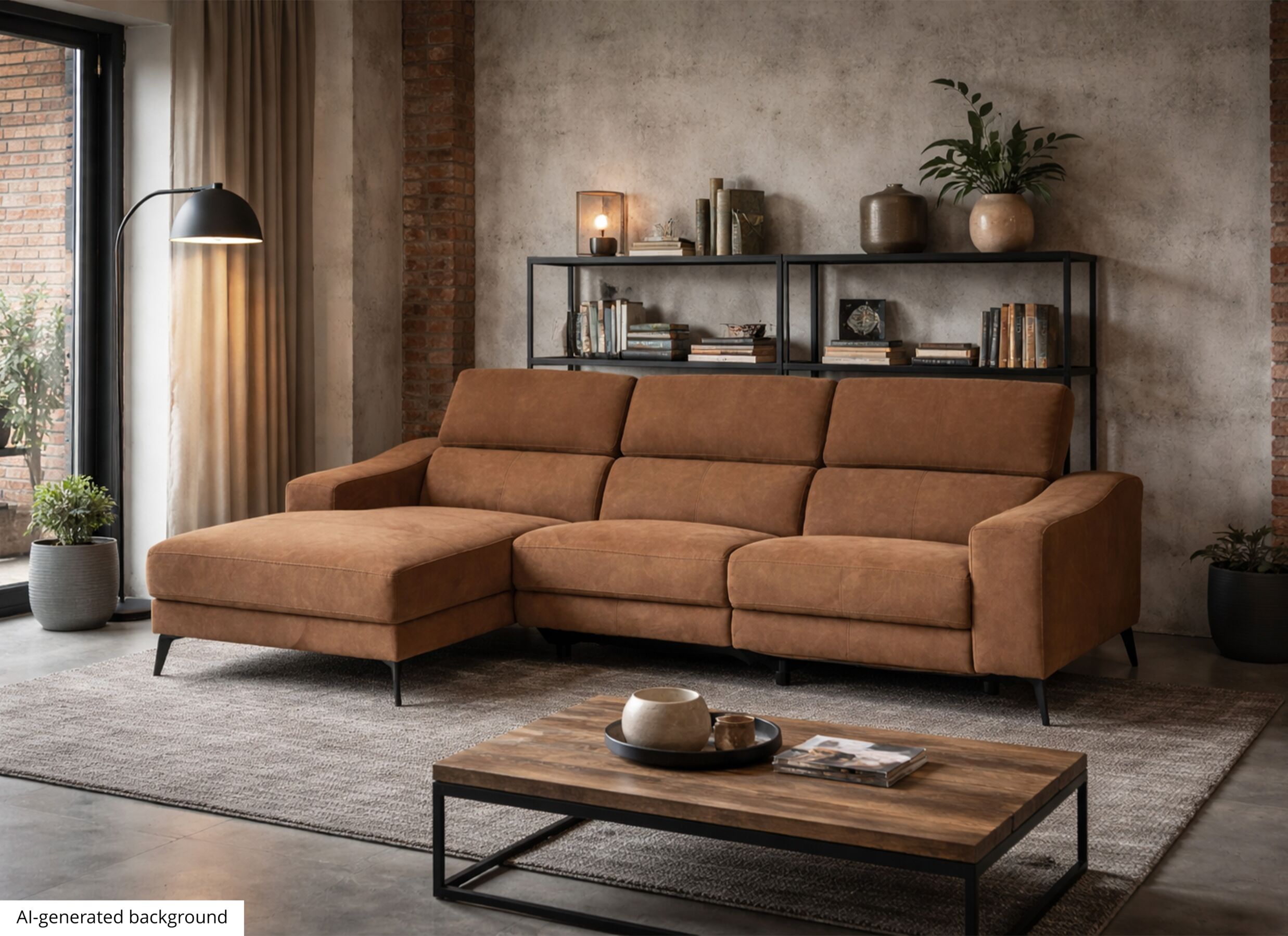 AI Generated - Canapé d'angle Mana 272x174cm - tissu - cognac avec relax