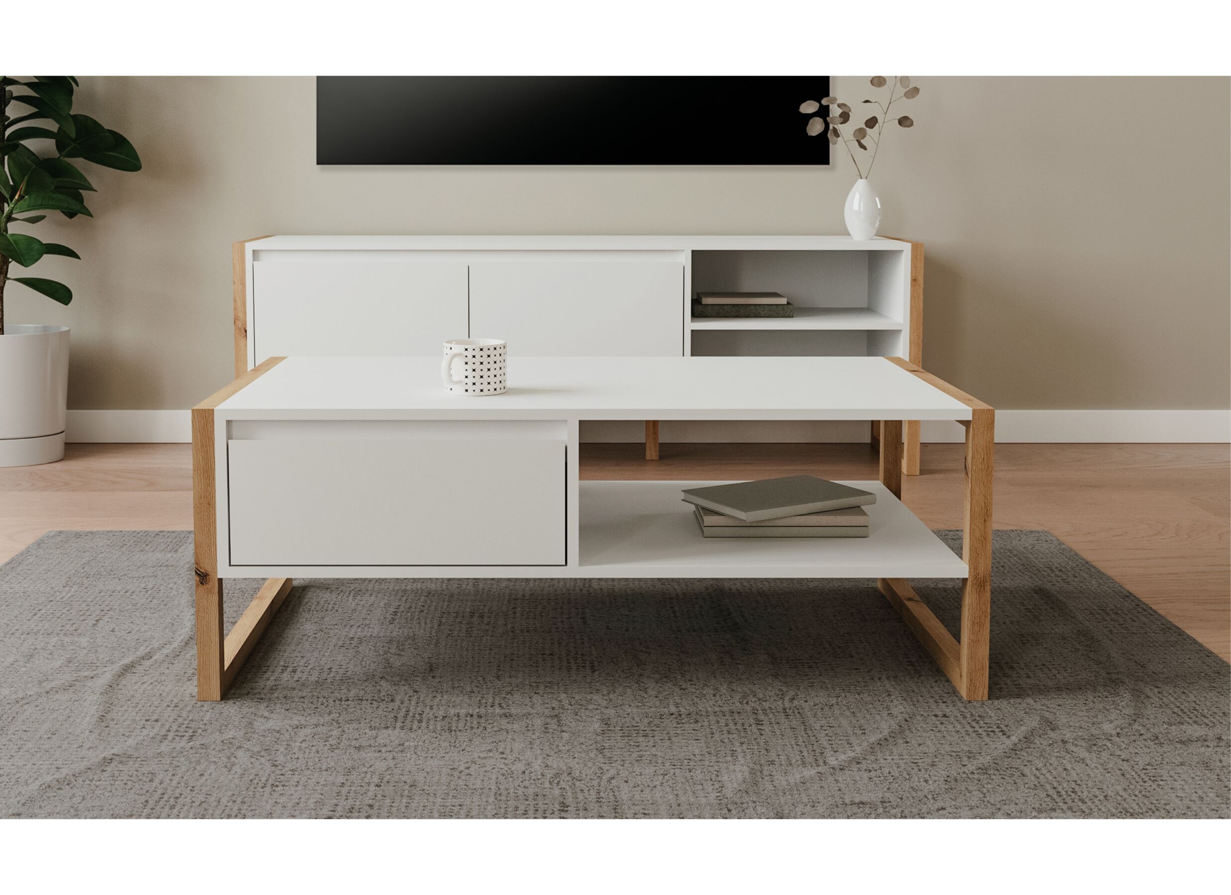 Sfeerfoto - Salontafel Denver 100x40x55cm - decor - wit & artisanale eik