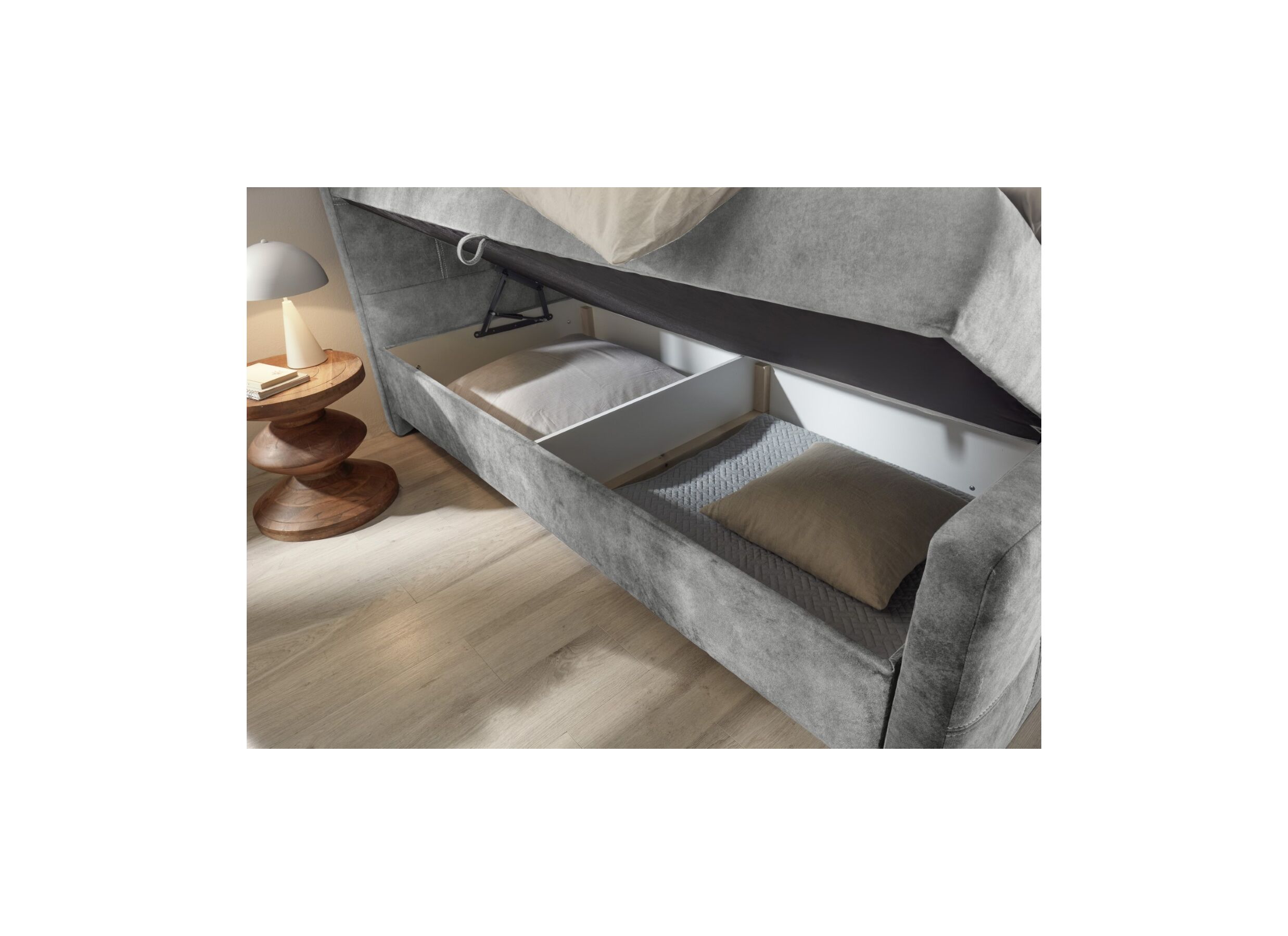 Foto ambiance - Lit box Valetta 160x200cm avec rangement tissu gris