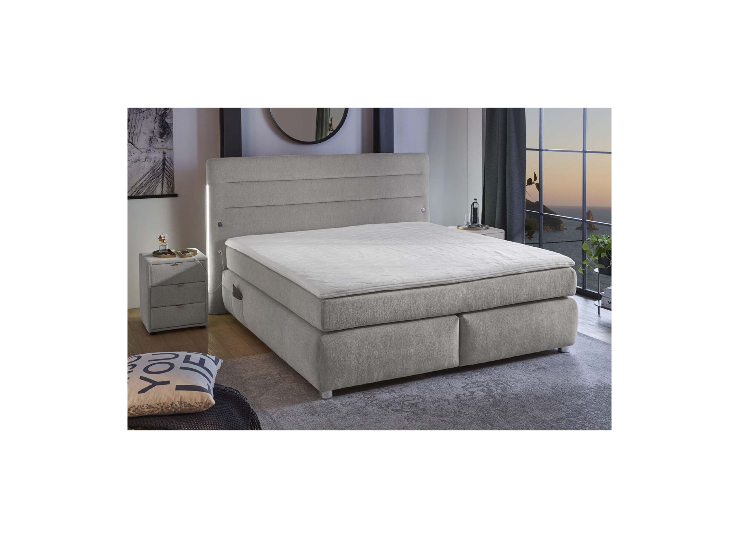 Boxspring Livia Max 180x200cm tissu gris moyen - Boxspring Livia Max 180x200cm tissu gris moyen