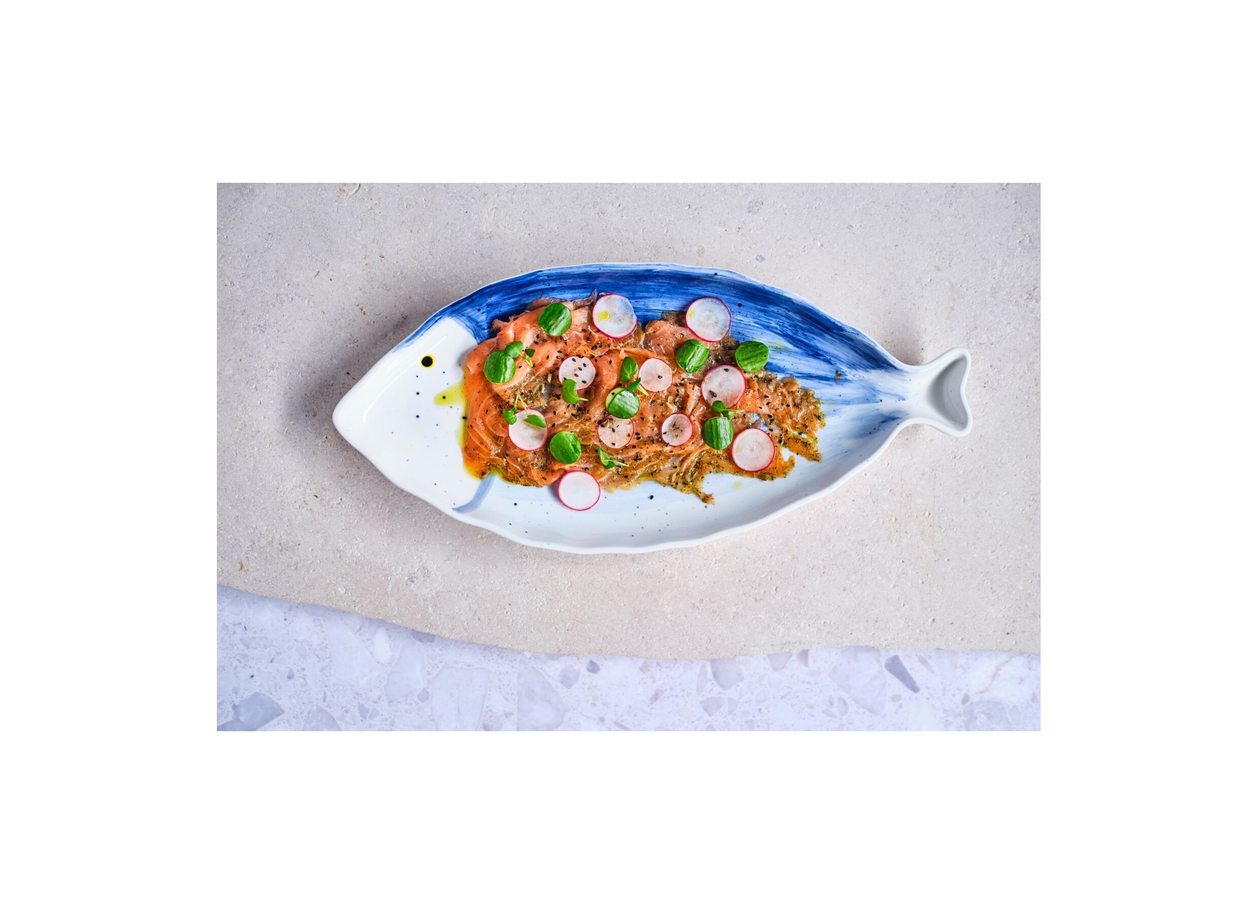 Foto ambiance - Assiette à dessert Coral 43x19,7cm - porcelaine - blanc/bleu