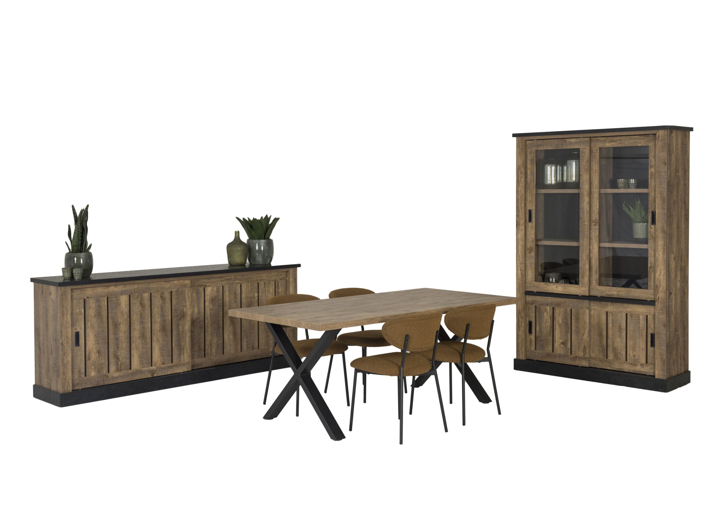 Eetkamer Etienne met 4 stoelen Jumper - tafel 190x95cm - dressoir 221cm - vitrinekast 135cm