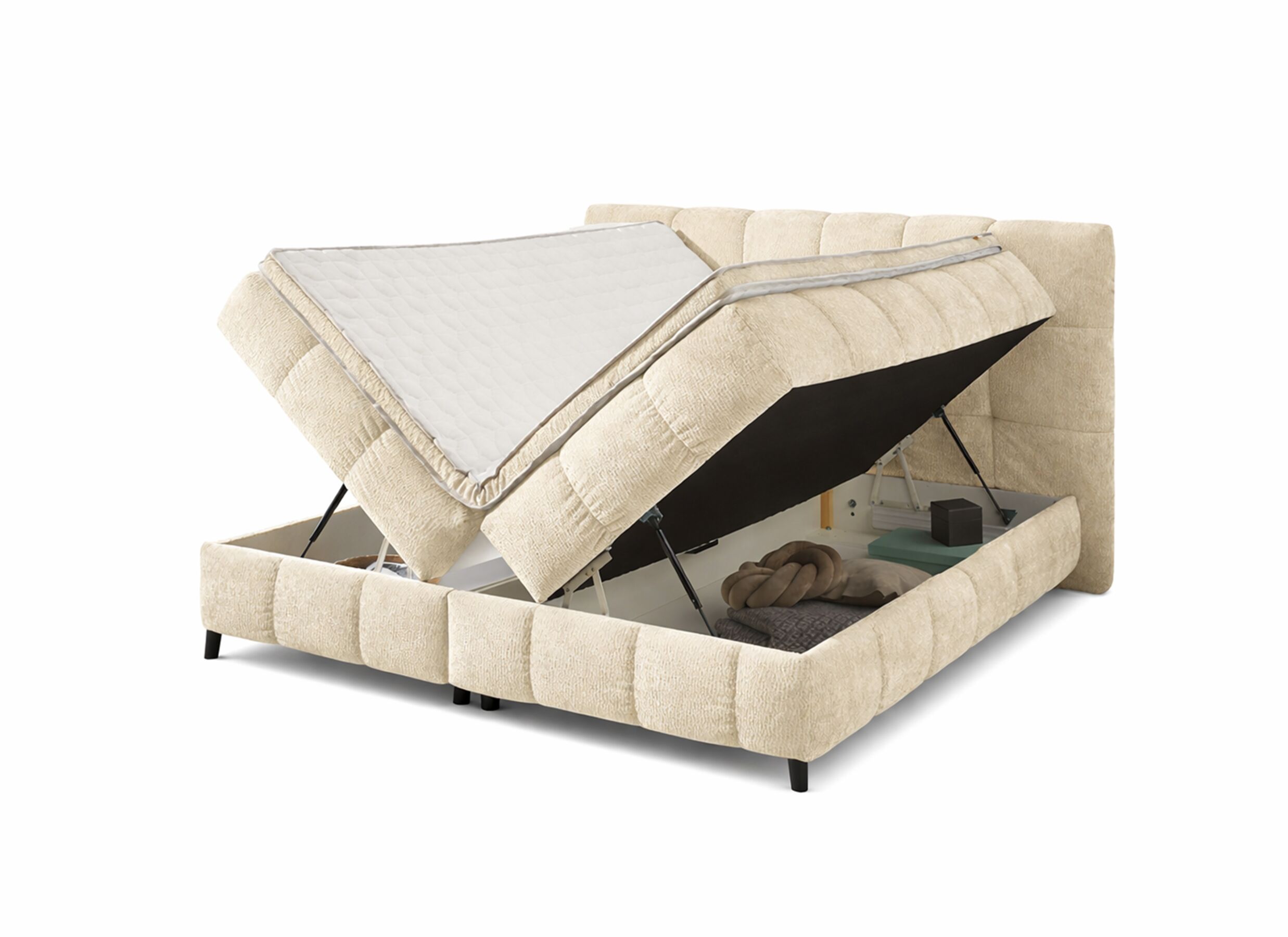 Aperçu - Lit box Molly 180x200cm - tissu - beige avec rangement