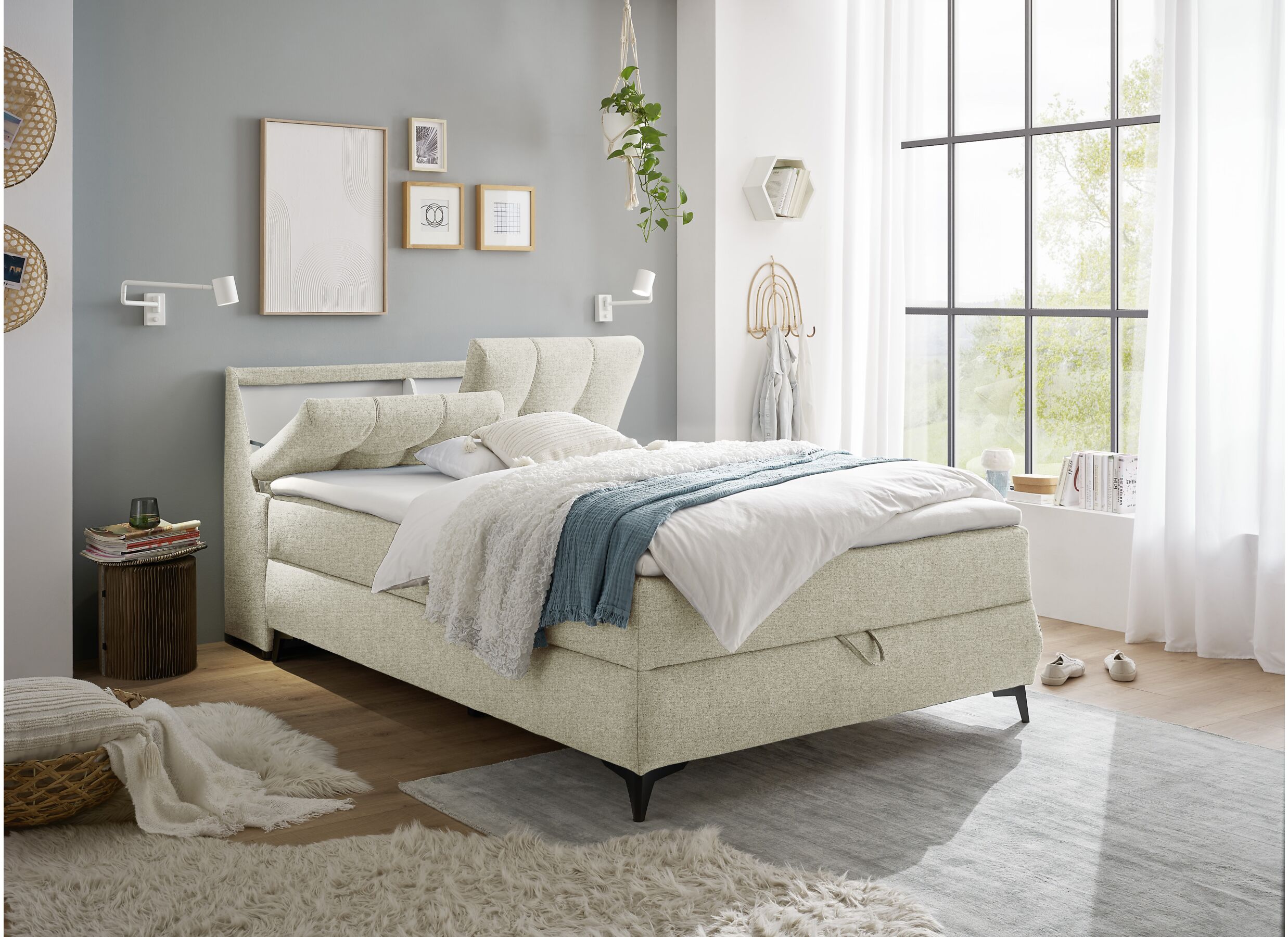 Foto ambiance - Lit box Atlantis 140x200cm avec rangement tissu ivoire