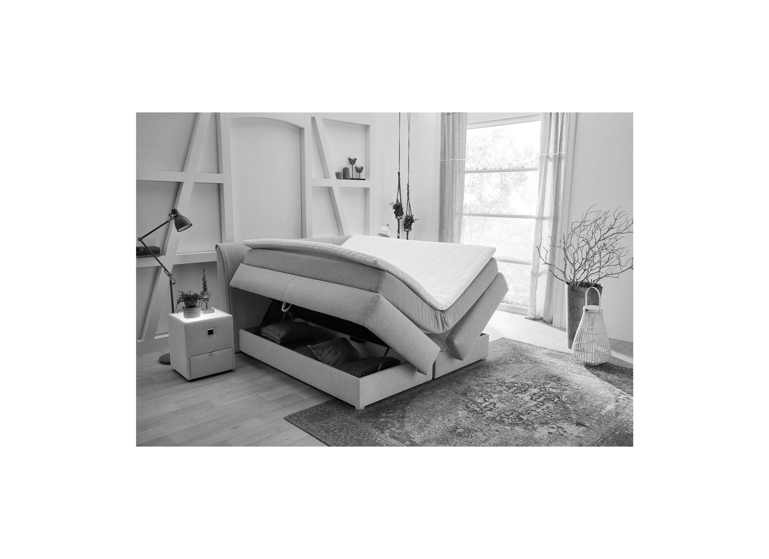 Foto ambiance - Boxspring Carla Max 160x200cm avec rangement tissu gris foncé