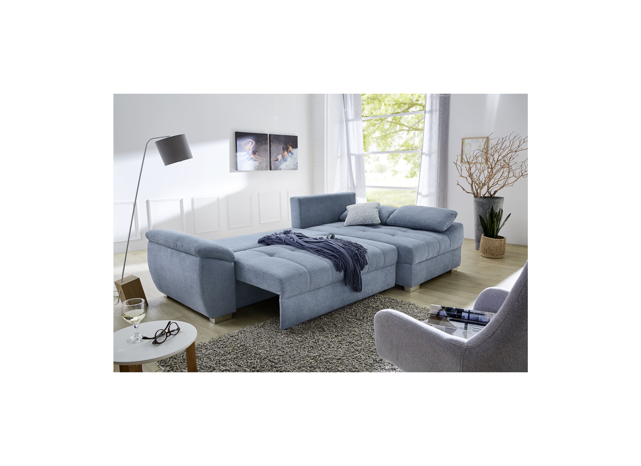 Hoeksalon Alster 268x161cm - stof - lichtblauw met bedfunctie