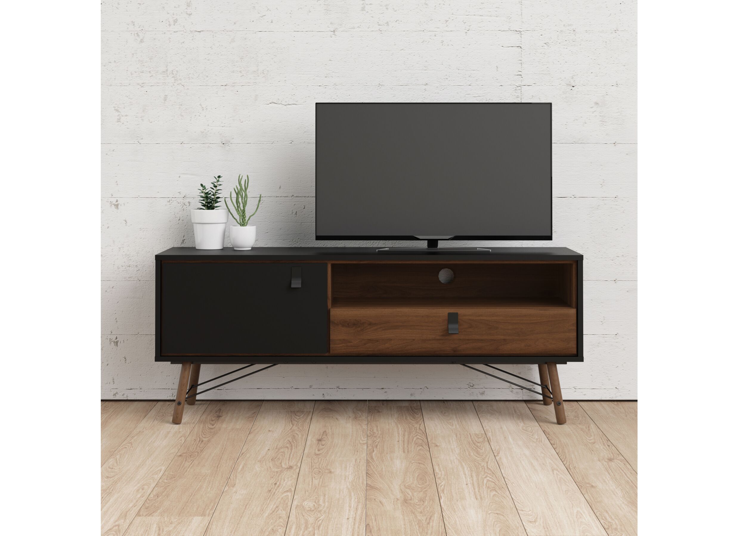 Tv-meubel Ry 151cm - vezelplaat - mat zwart & okkernoot