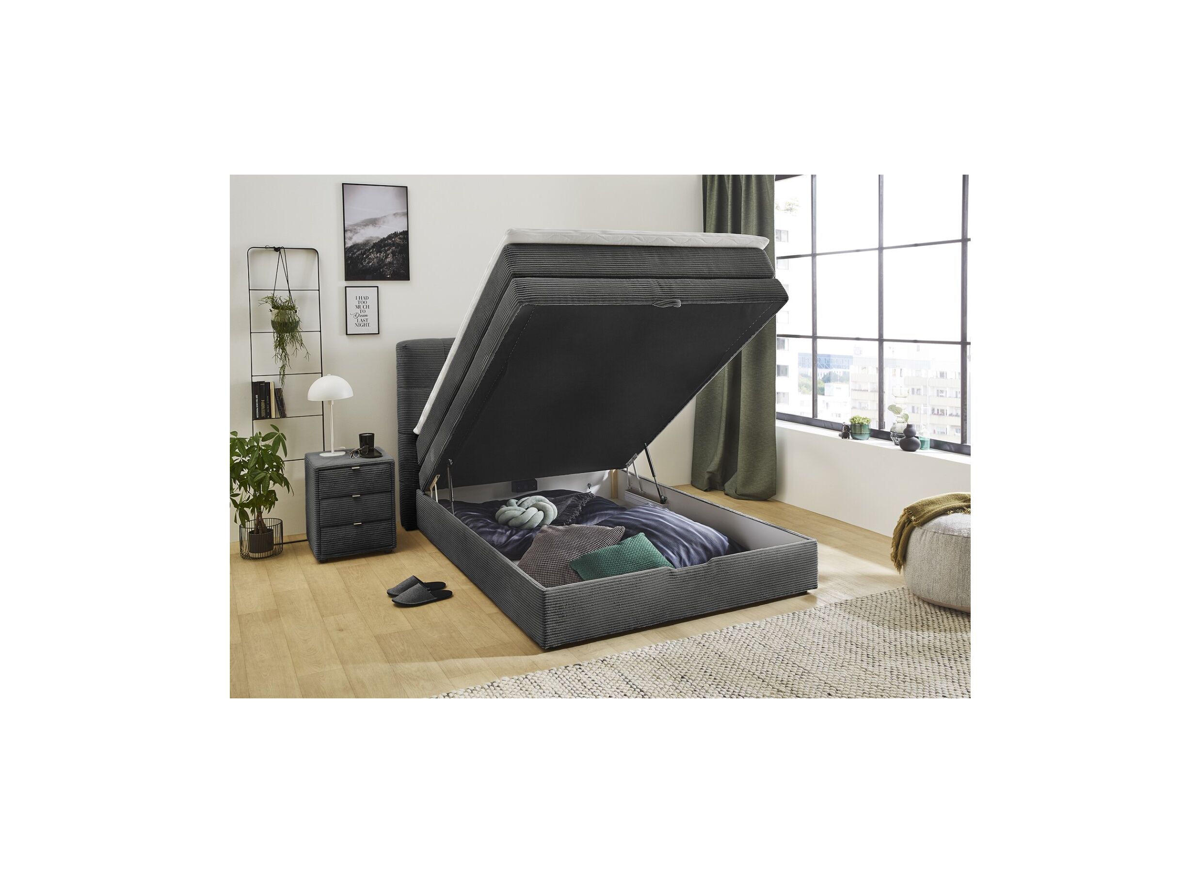 Boxspring Amy 140x200cm avec rangement tissu gris foncé