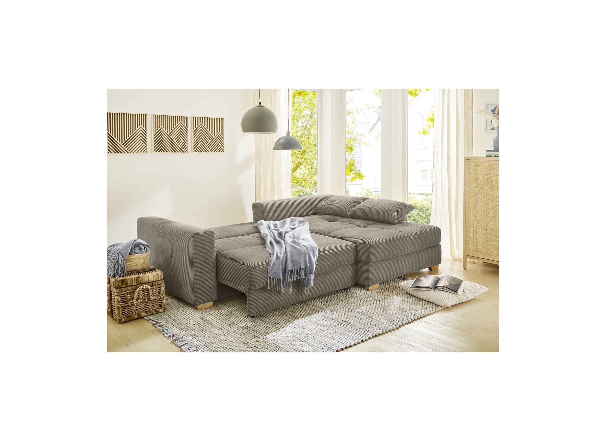 Canapé d'angle Kampen 288x186cm - tissu - brun avec function lit et rangement