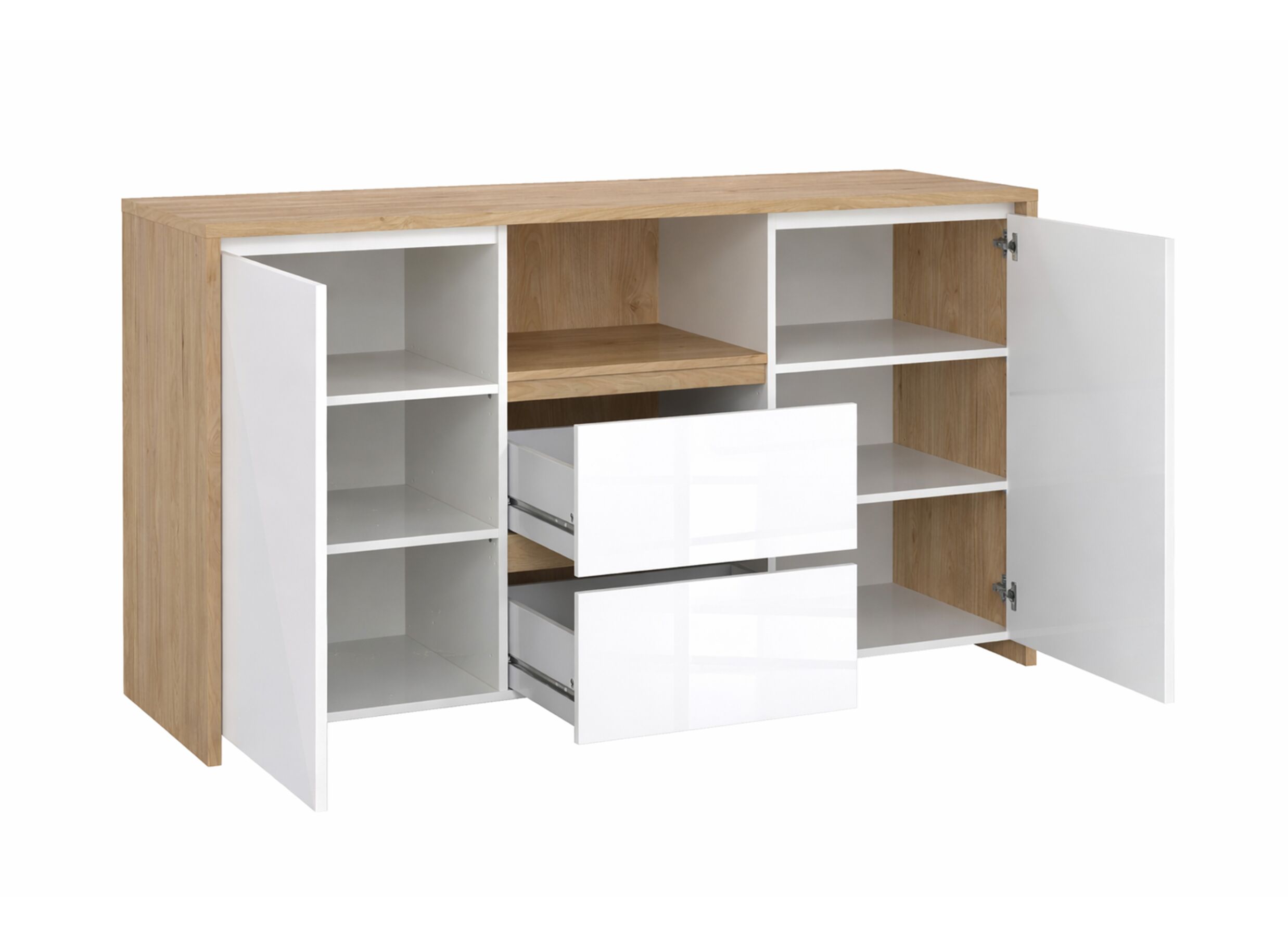 Indeling - Dressoir Next 149cm - melamine - glanzend wit & jackson hickory