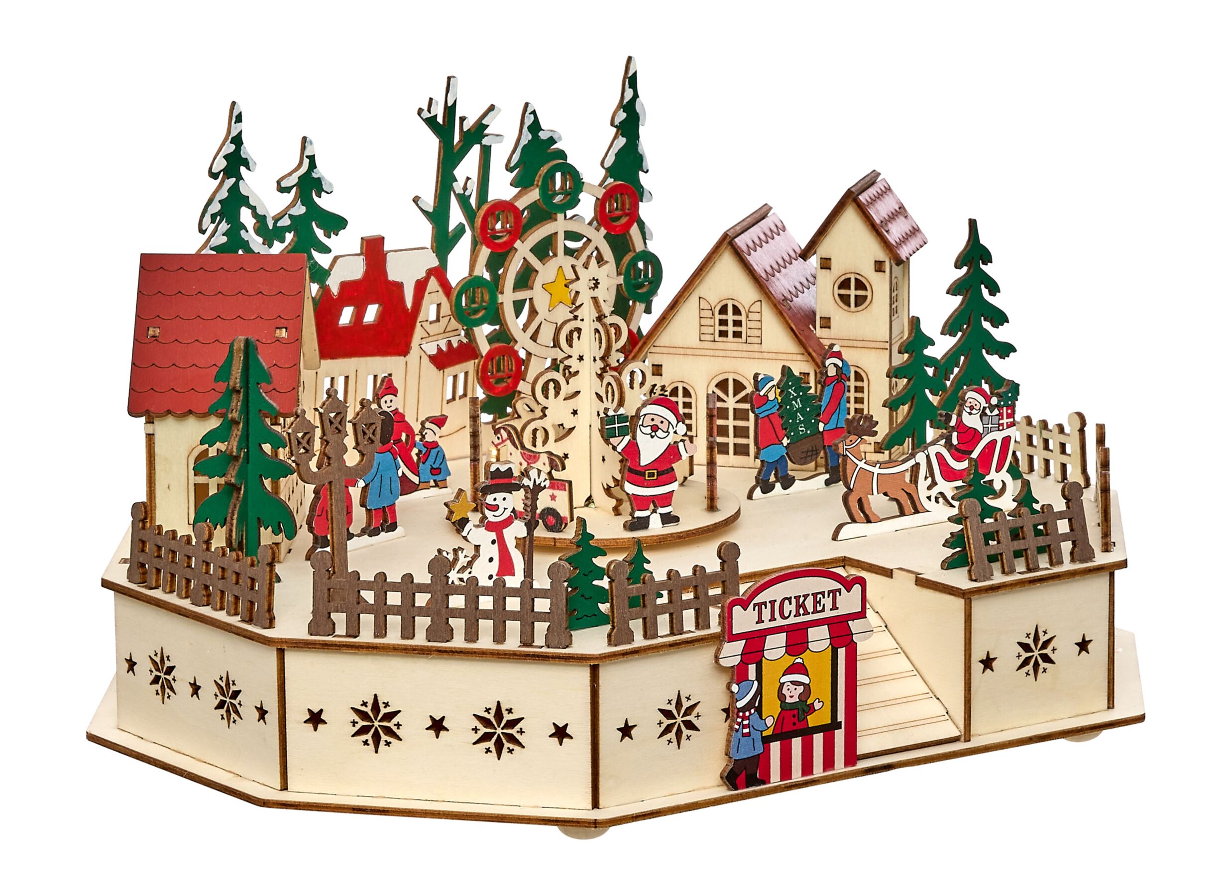 Kerstdecoratie Dorpsplein LED met muziek 29x23xH16 - Kerstdecoratie Dorpsplein LED met muziek 29x23xH16,5cm - hout - multicolor
