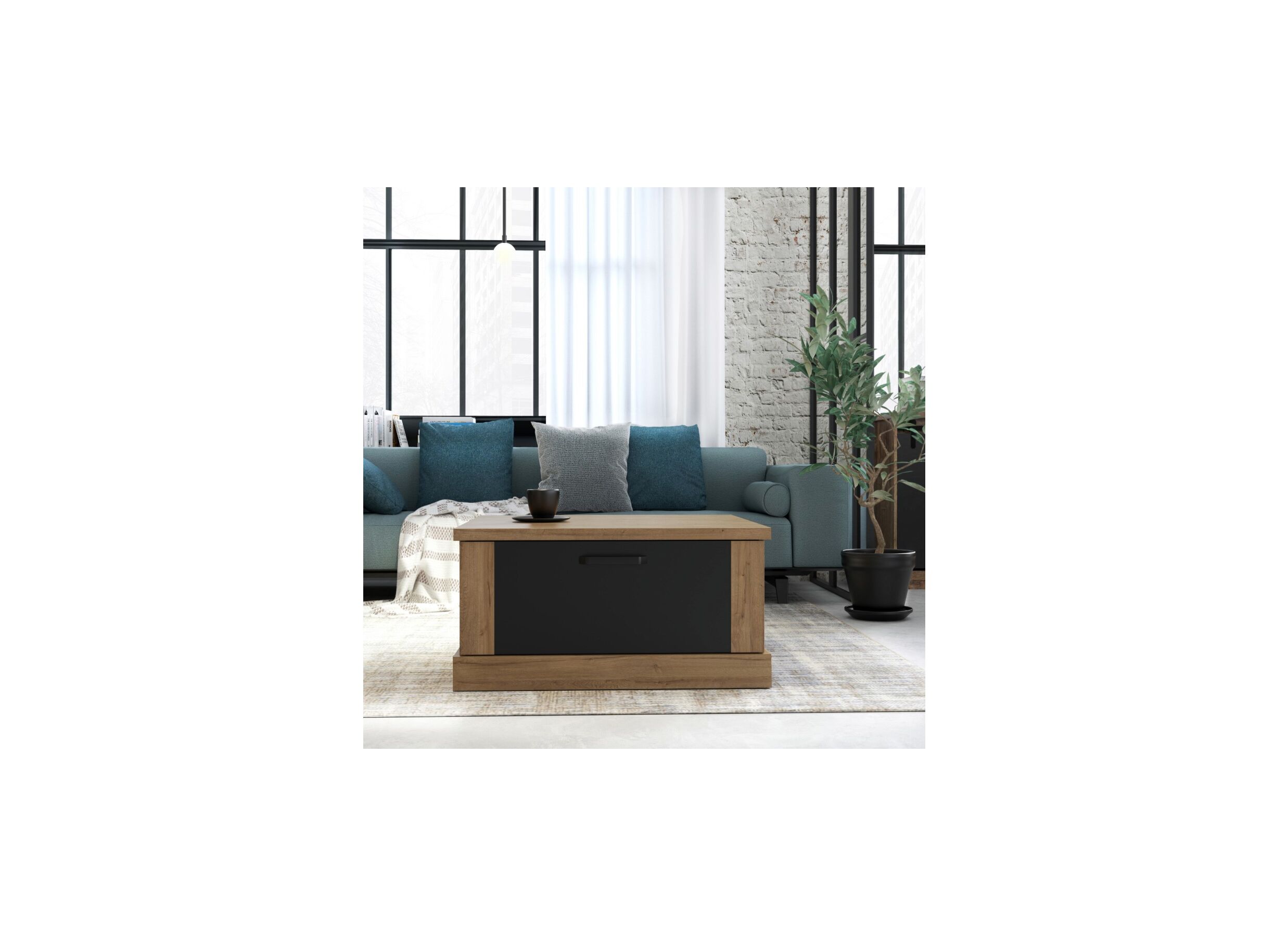 Table basse Kaszimiro 85x85cm - panneau décor - chêne waterford/noir avec rangement