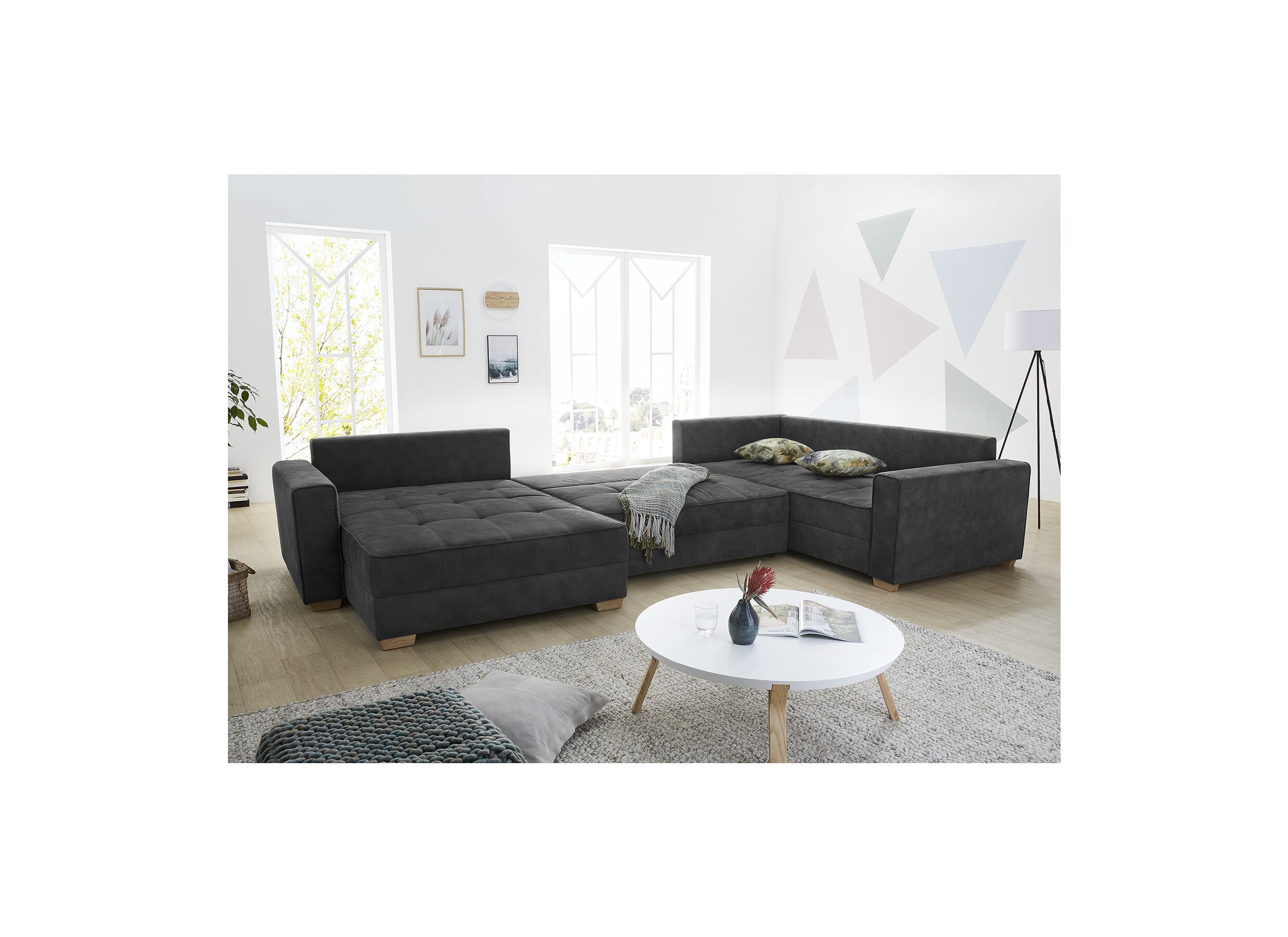 Canapé d'angle Brixen 379x227cm - tissu - gris foncé avec fonction lit