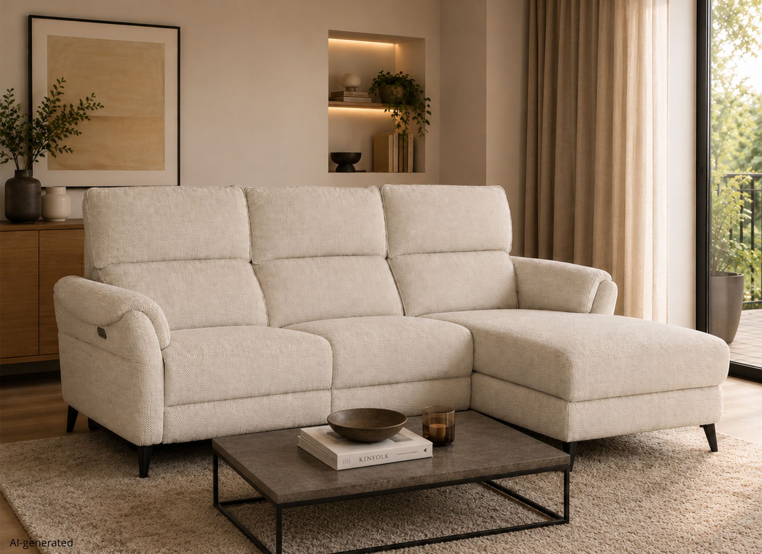 AI Generated - Hoeksalon Kenobi 239x164cm - stof - lichtgrijs met relax