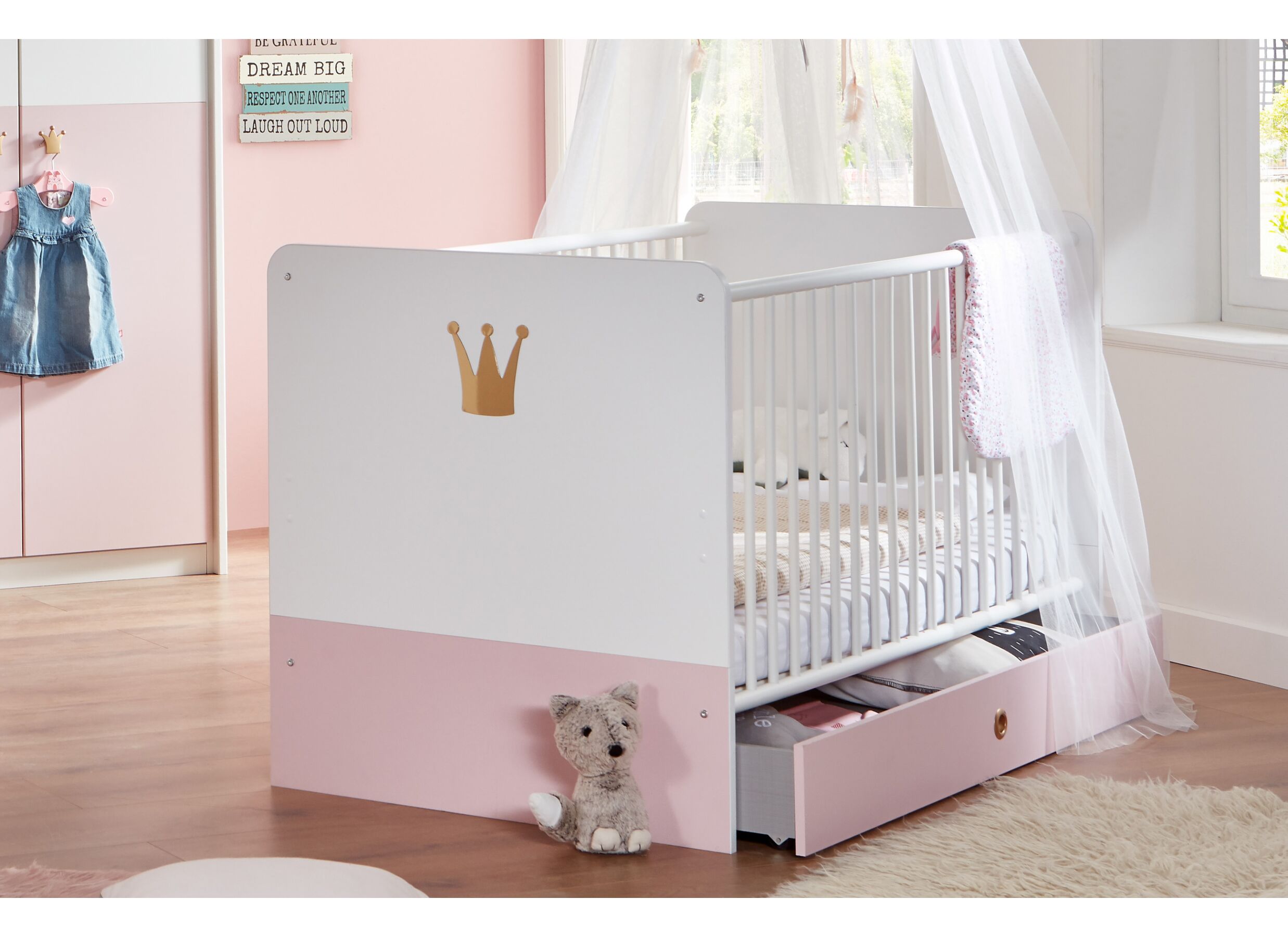Setfoto - Meegroeibed Cindy 70x140cm - decor - roze & wit
