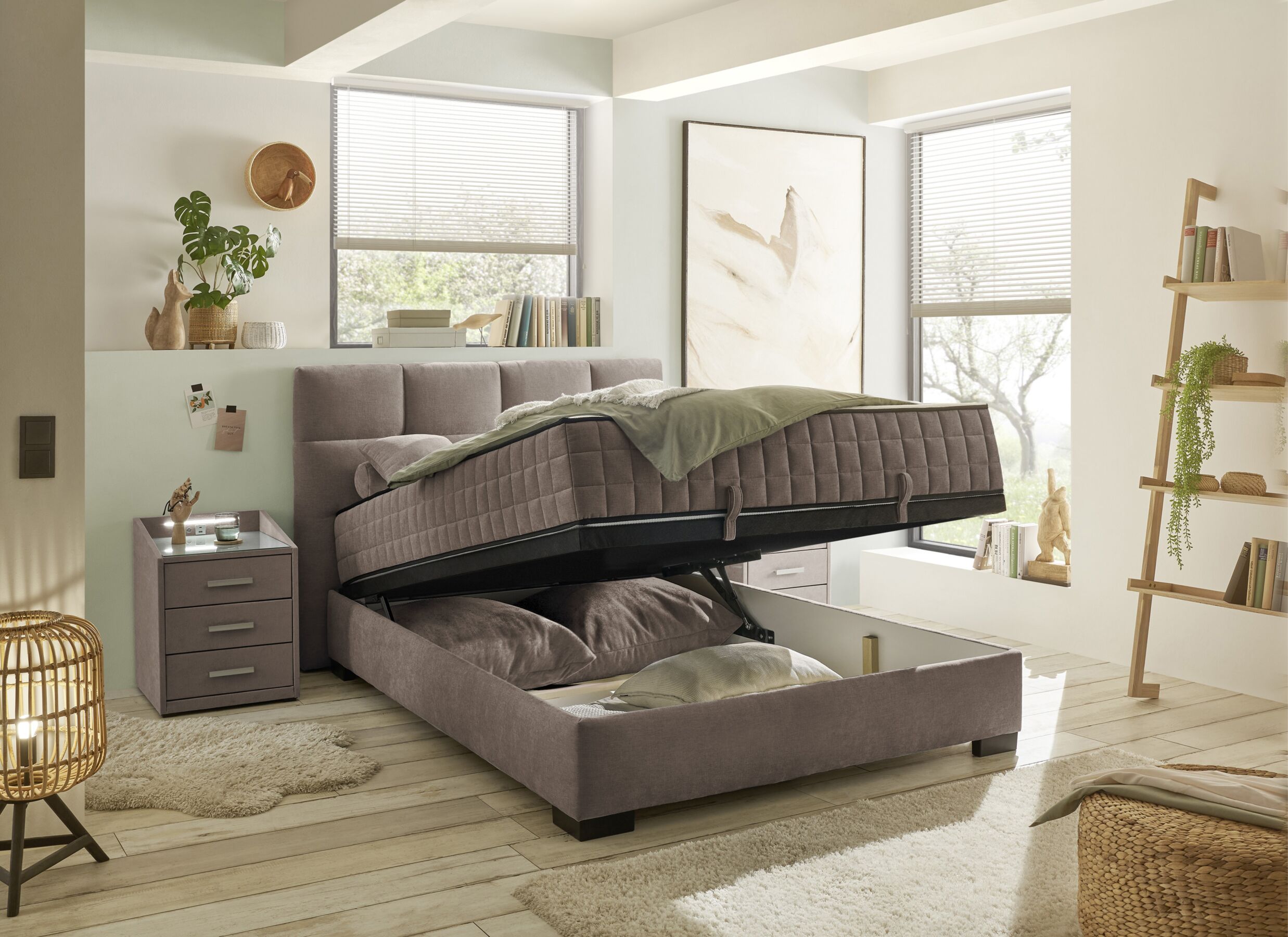Foto ambiance - Lit box Nagol A 140x200cm - tissu - stone avec rangement