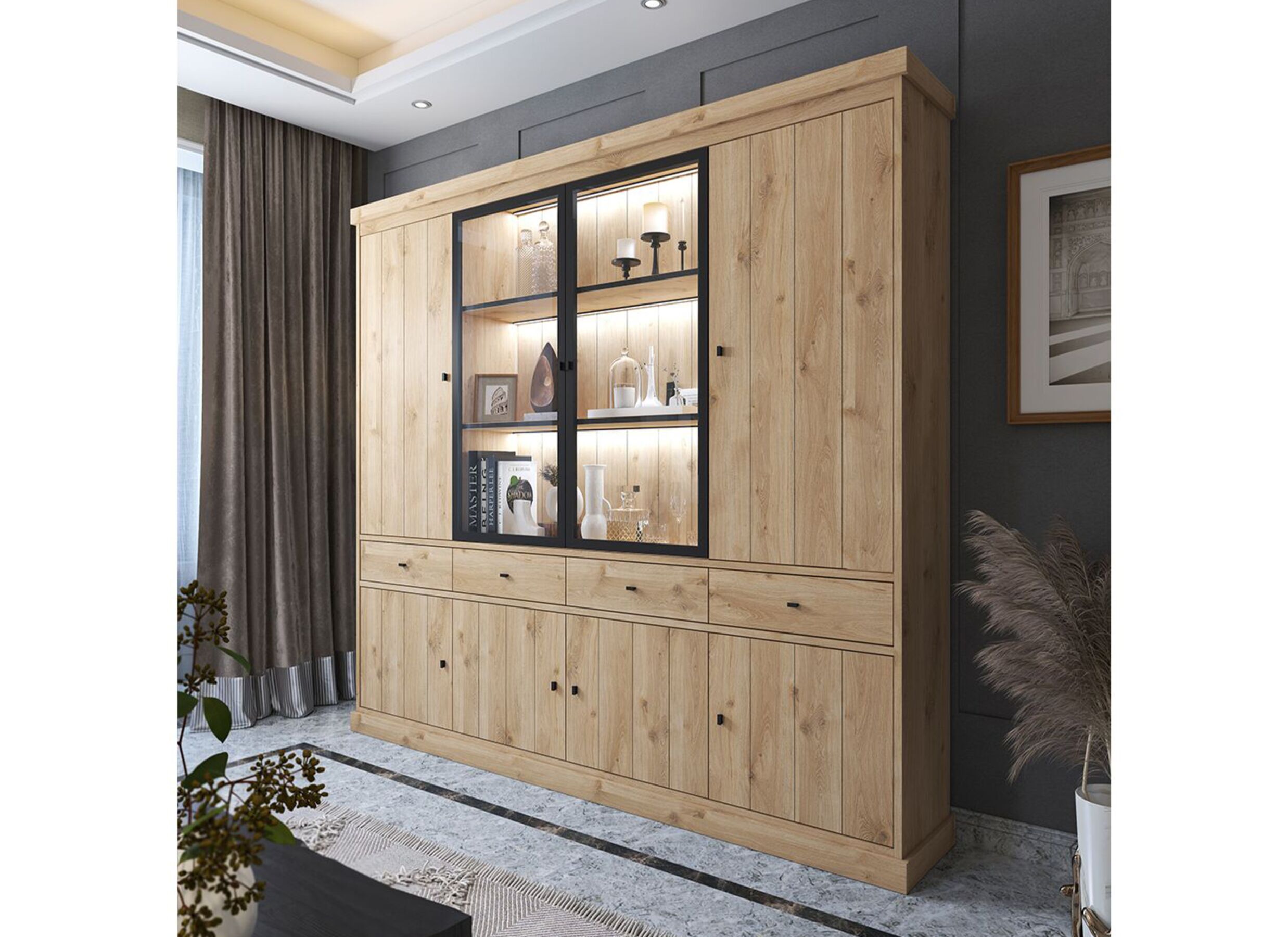 Vitrinekast Valencia 240cm - melamine - lichte eik - Vitrine Valencia 240cm - mélamine - chêne clair