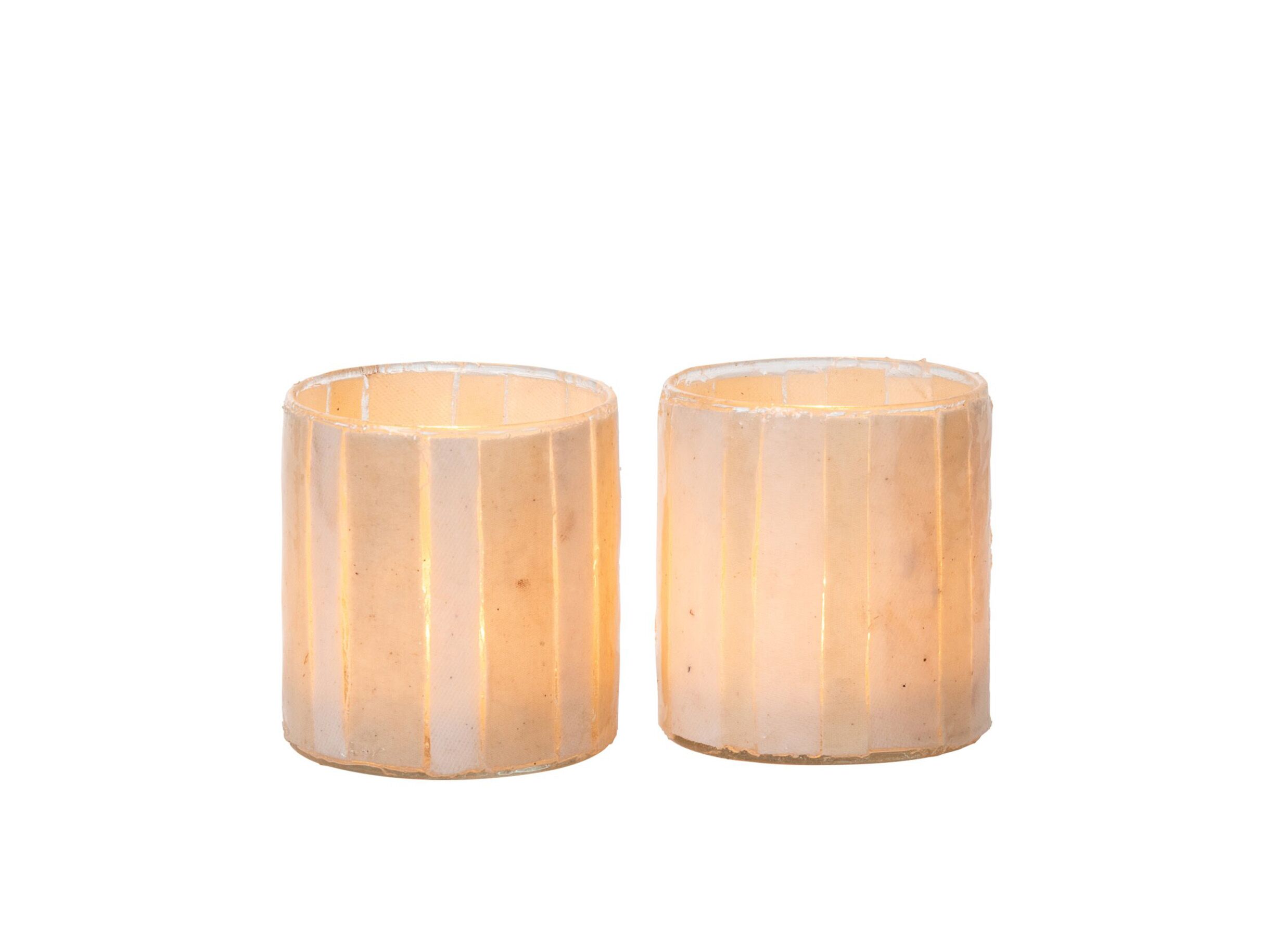 Aperçu - Photophore Cylindre Rayé Ø8x9cm - verre - écru & beige lot de 2