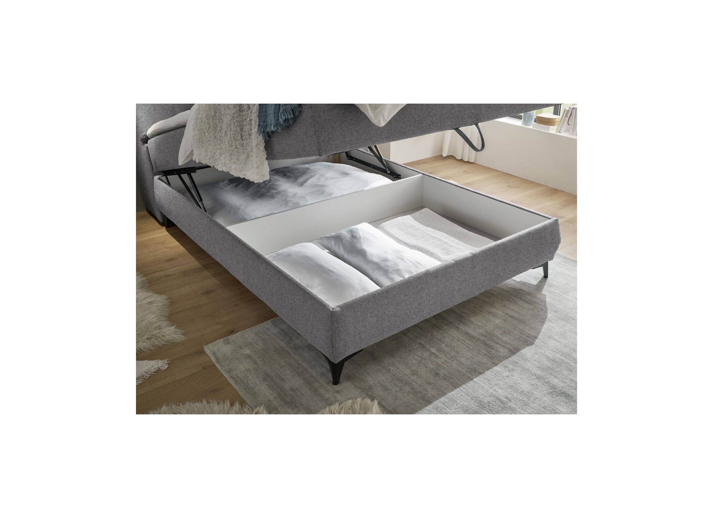 Foto ambiance - Lit box Atlantis 140x200cm avec rangement tissu gris foncé
