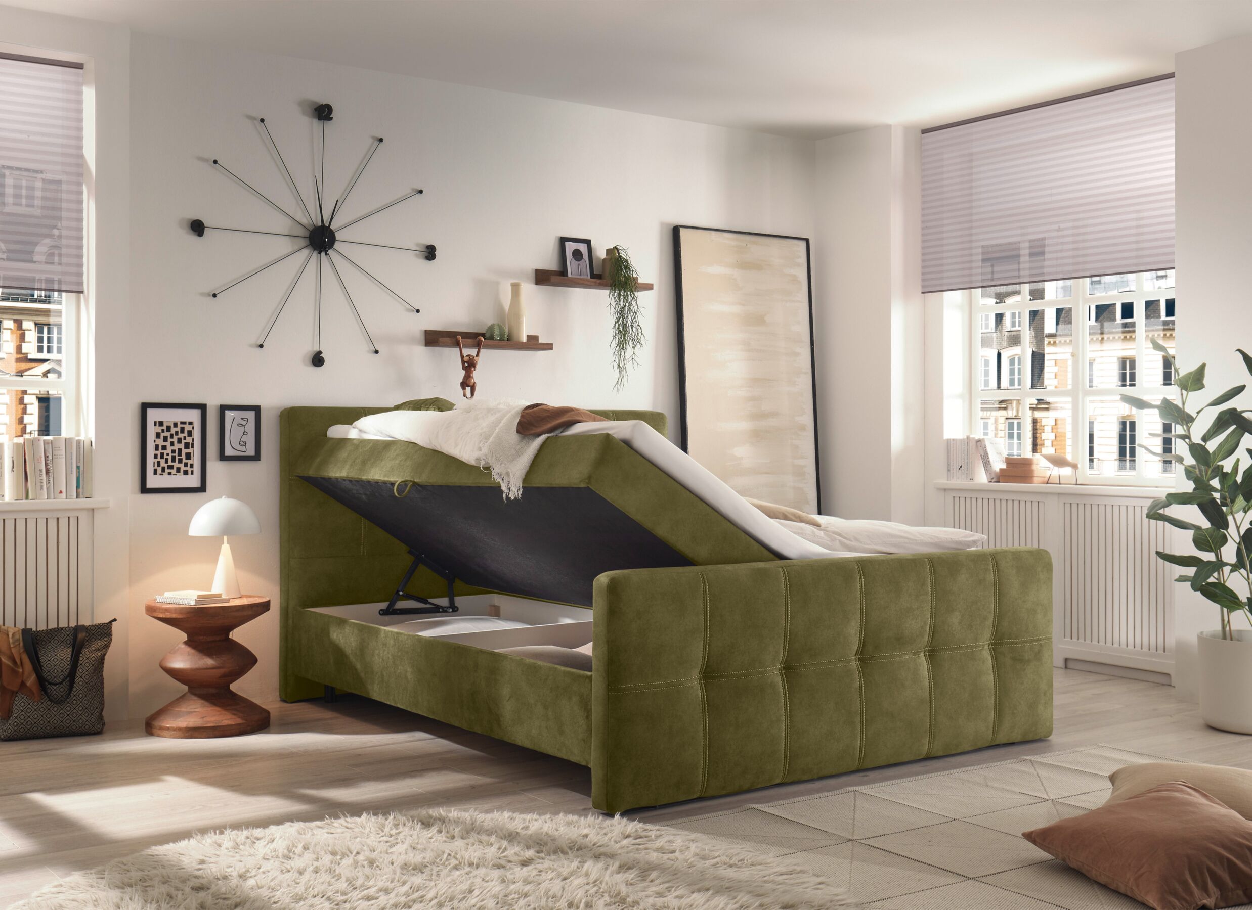 Sfeerfoto - Bedbox Valetta 160x200cm - stof - olijf met opbergruimte