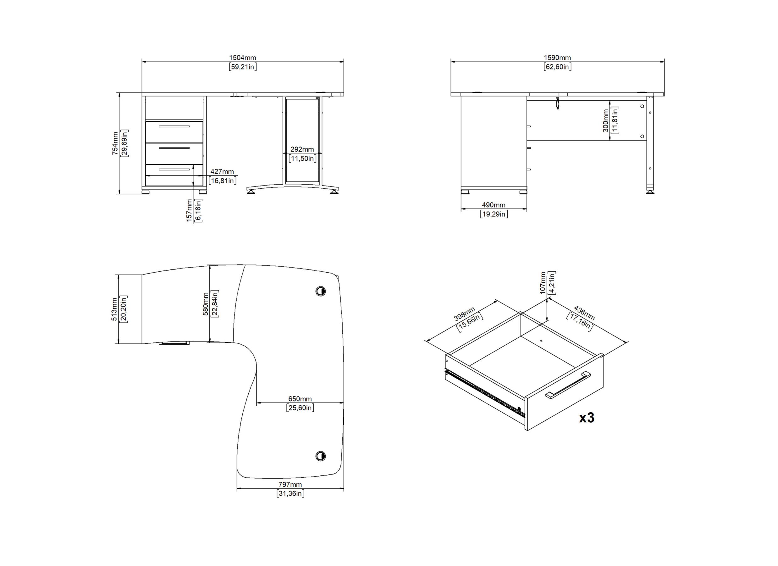 Afmetingen - Hoekbureau Prima decor - wit