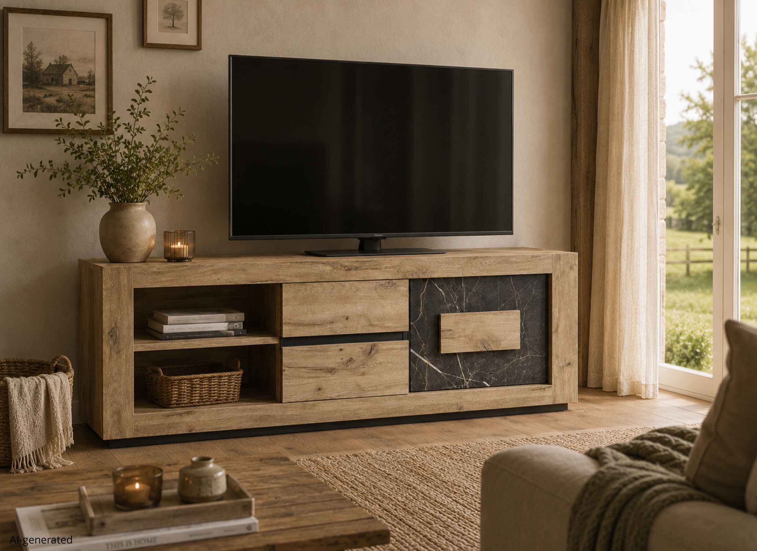 AI Generated - Meuble TV Sacha 170cm - mélamine - canyon oak & marble