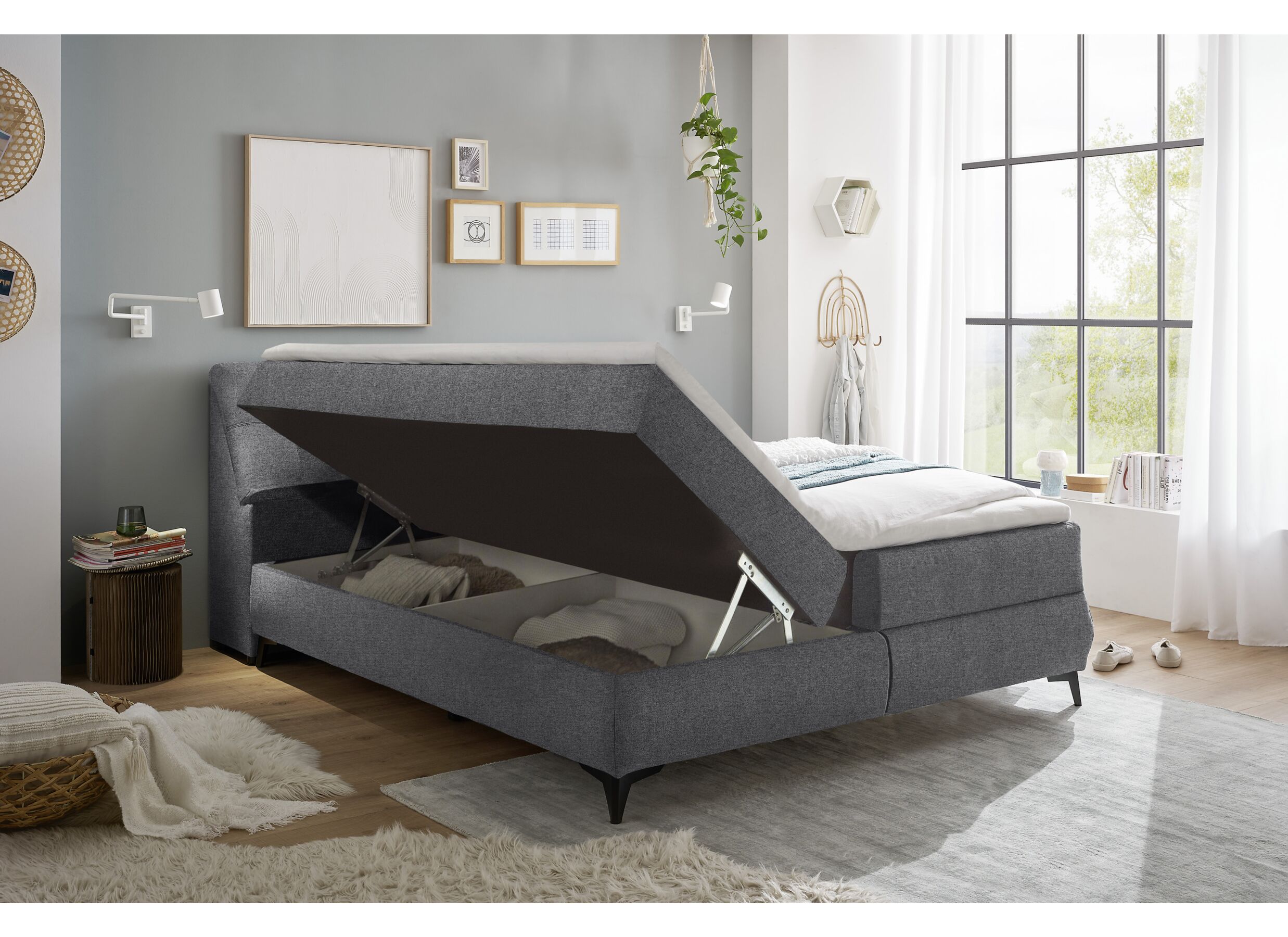 Foto ambiance - Lit box Atlantis 160x200cm avec rangement tissu gris foncé
