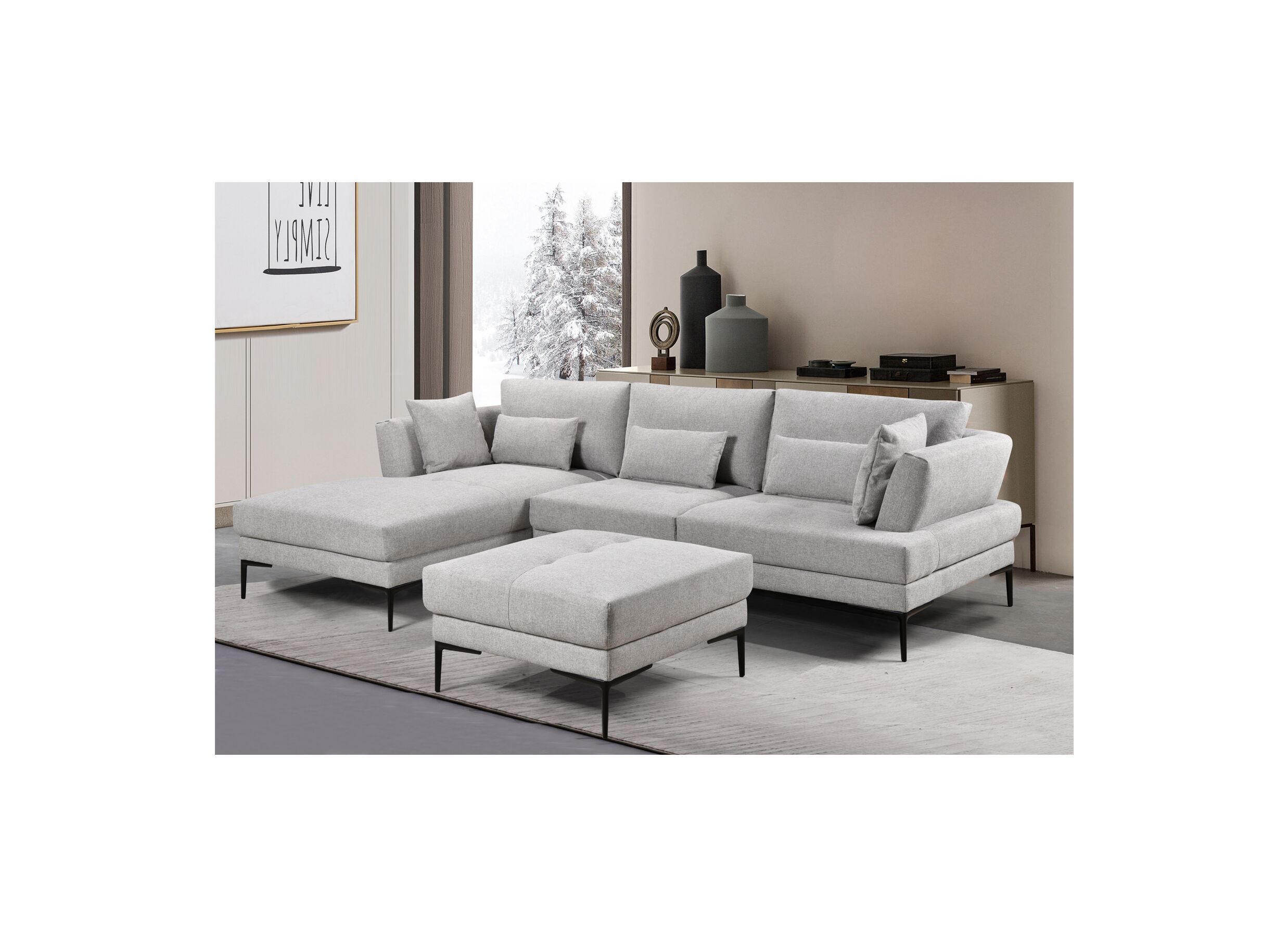 Foto ambiance - Canapé d'angle Roxy tissu gris avec pouf