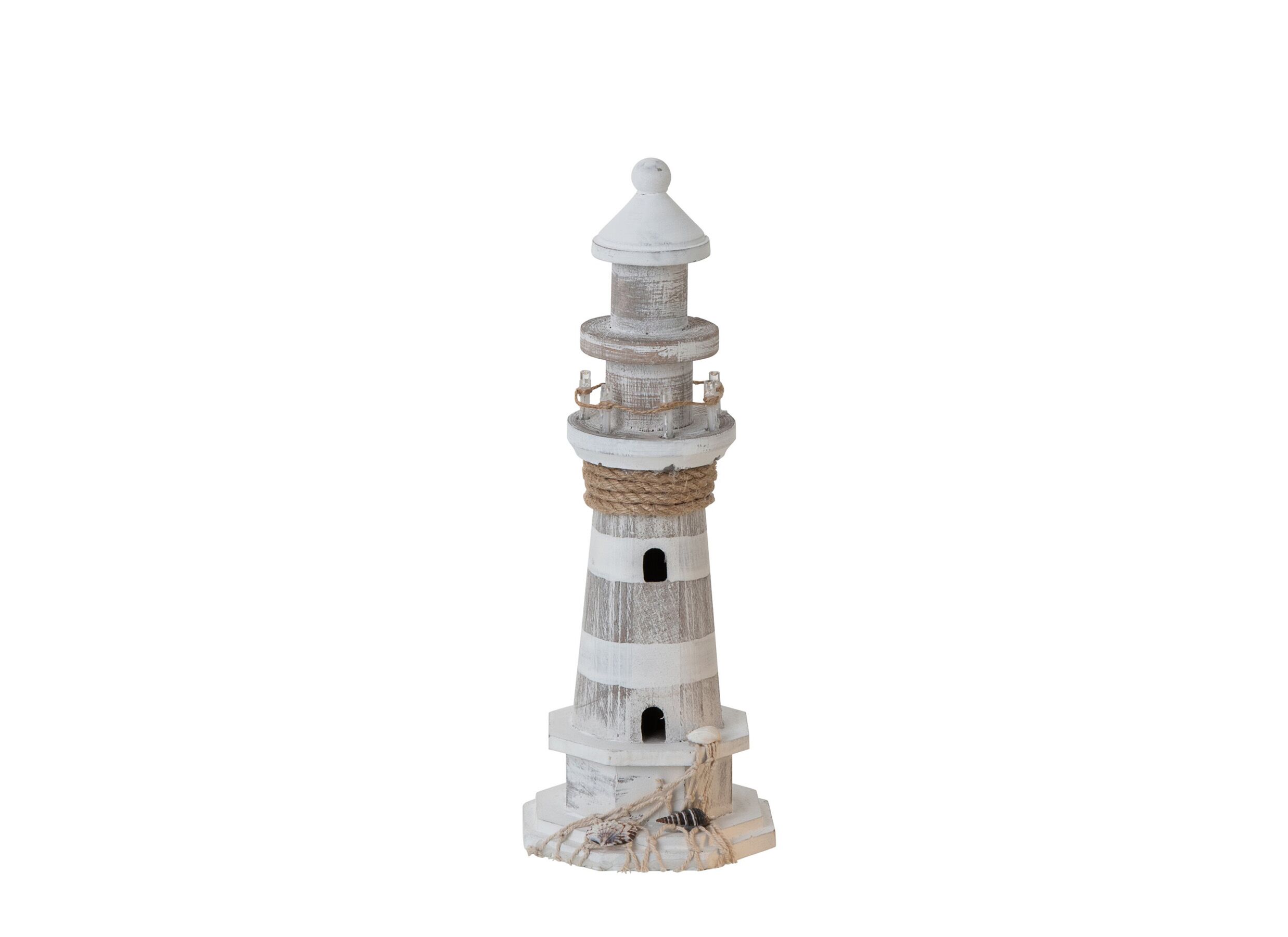 Deco Vuurtoren LED Ø10x28cm - dennenhout - wit & beige - Deco Vuurtoren LED Ø10x28cm - dennenhout - wit & beige