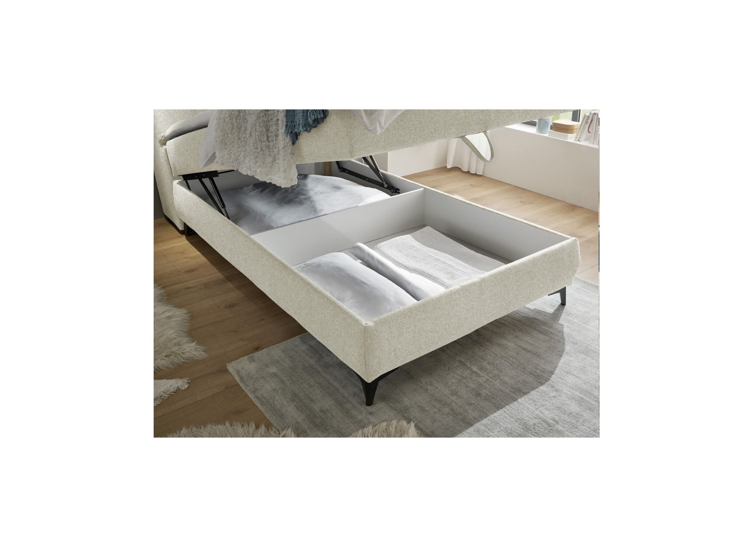 Foto ambiance - Lit box Atlantis 120x200cm avec rangement tissu ivoire