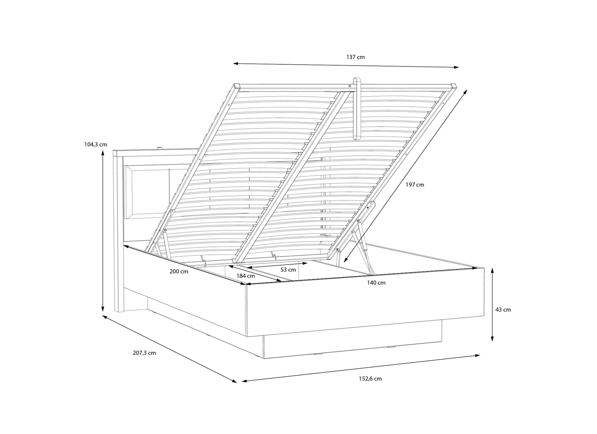 Afmetingen - Bed Hayato 140x200cm - decor - bruin & zwart met opbergruimte
