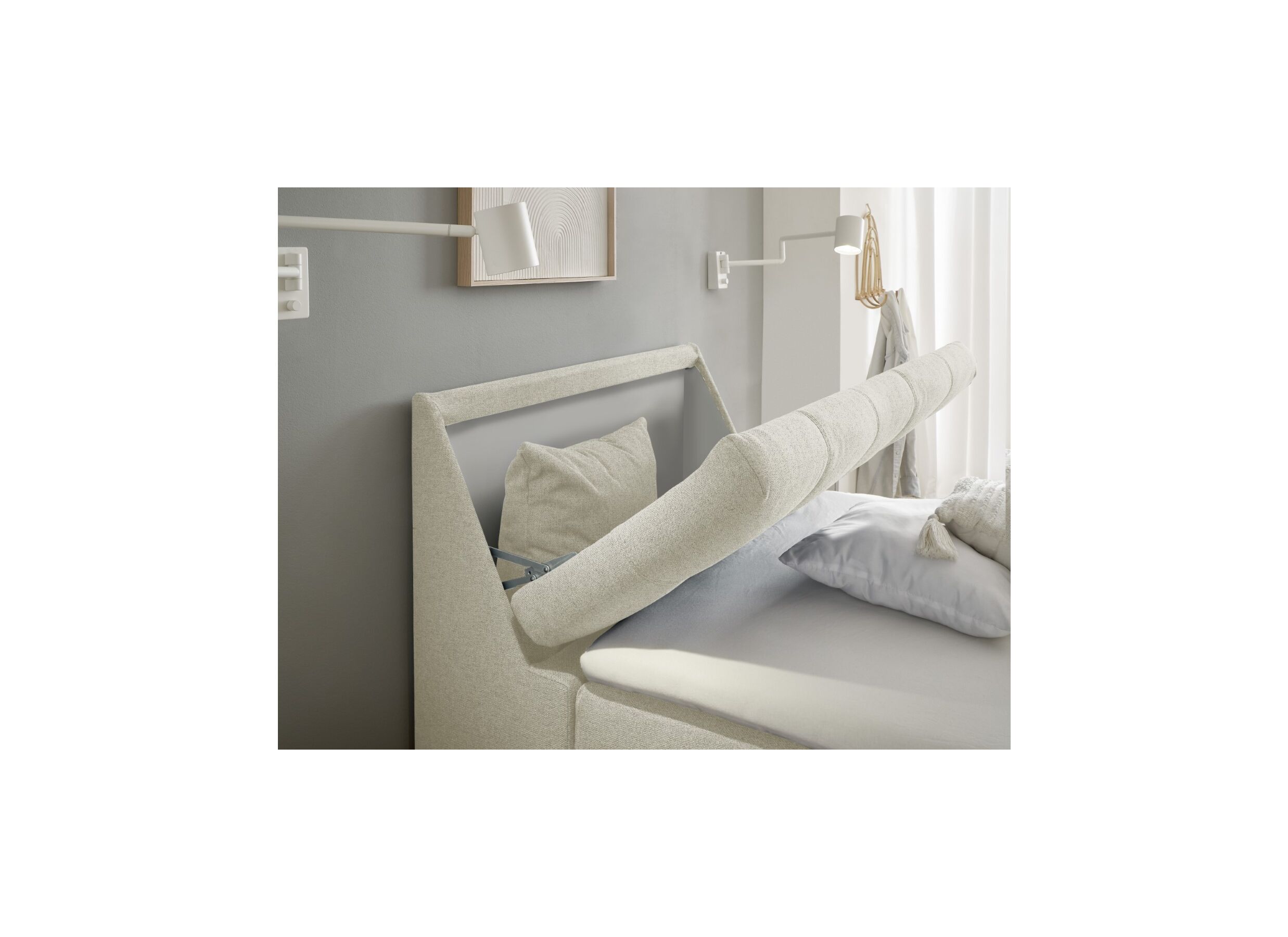 Foto ambiance - Lit box Atlantis 120x200cm avec rangement tissu ivoire