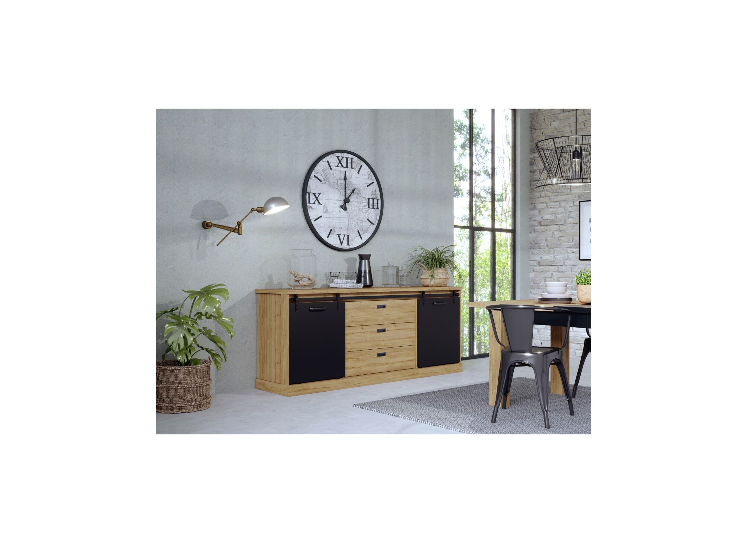 Buffet Kaszimiro 213cm - panneau décor - chêne waterford/noir