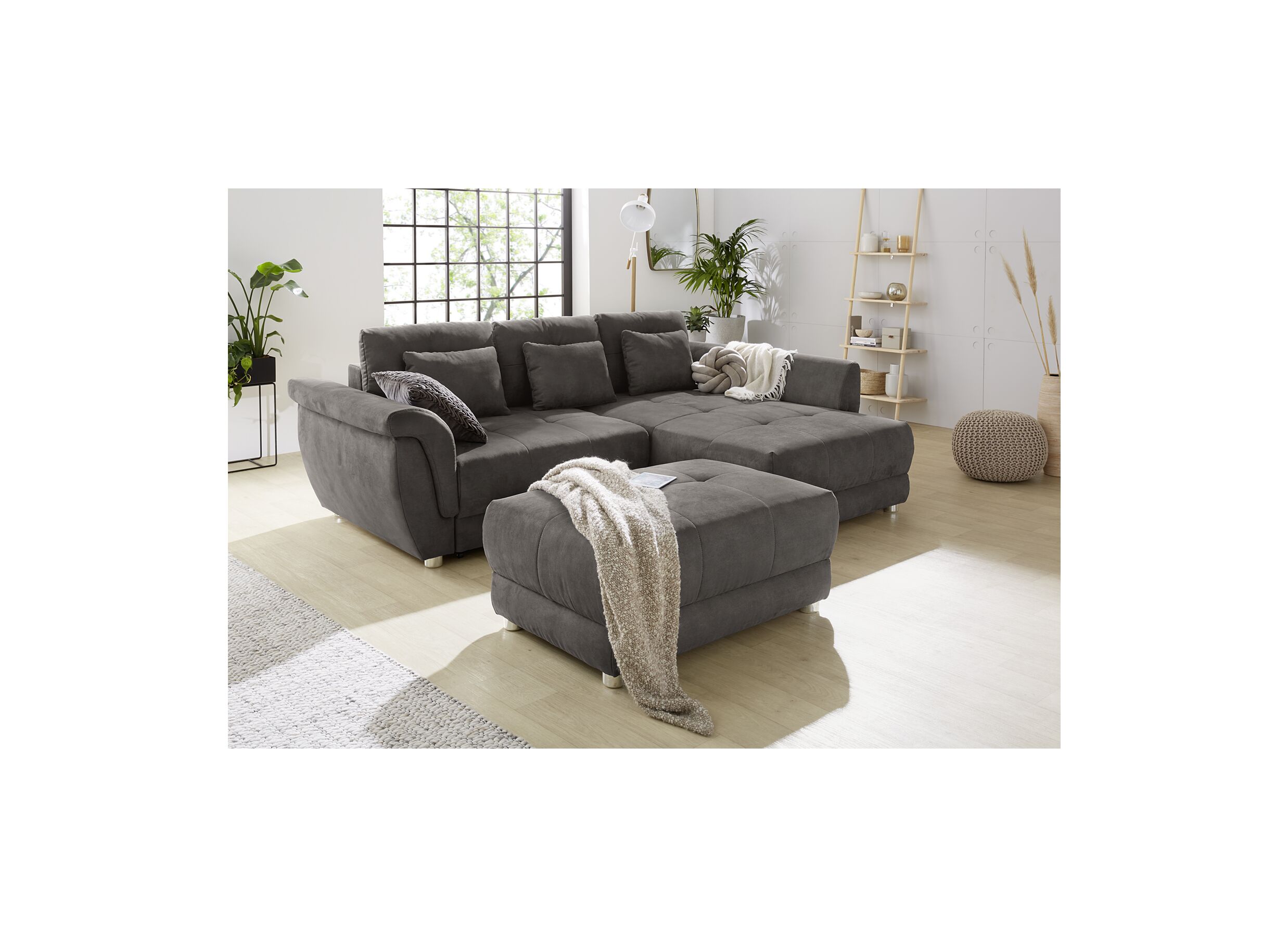 Canapé d'angle La Spezia 258x192cm - tissu - brun avec fonction lit/ rangement