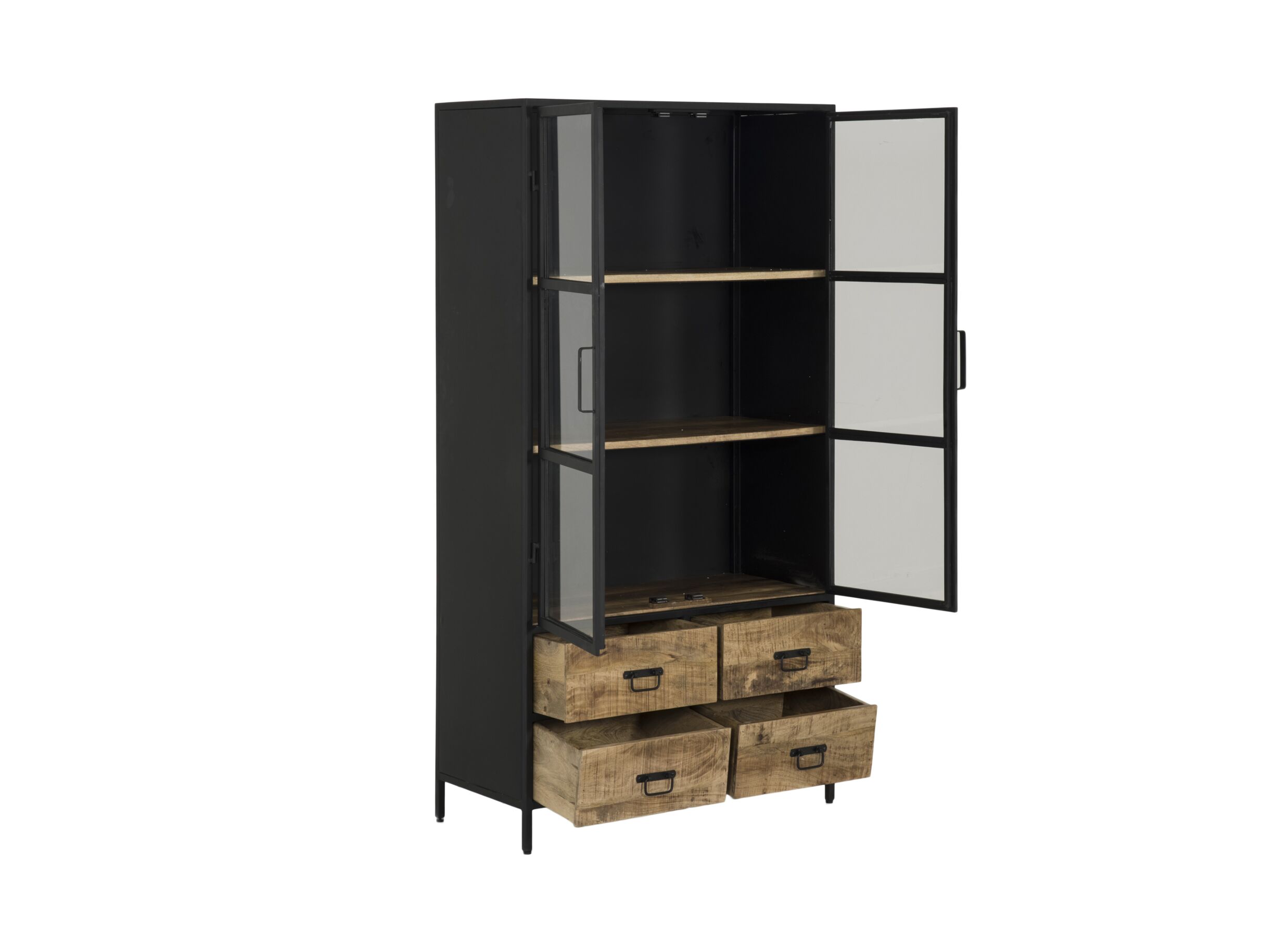 Vitrinekast Valeria 95cm - mango massief - naturel/zwart