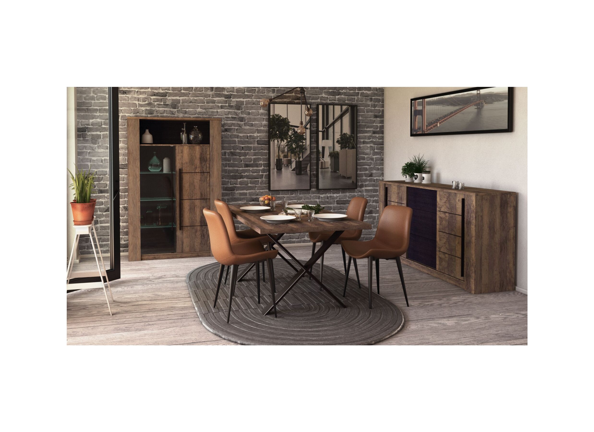 Photo ensemble - Table Monaco 180x90cm - panneau de particules - saloon chêne