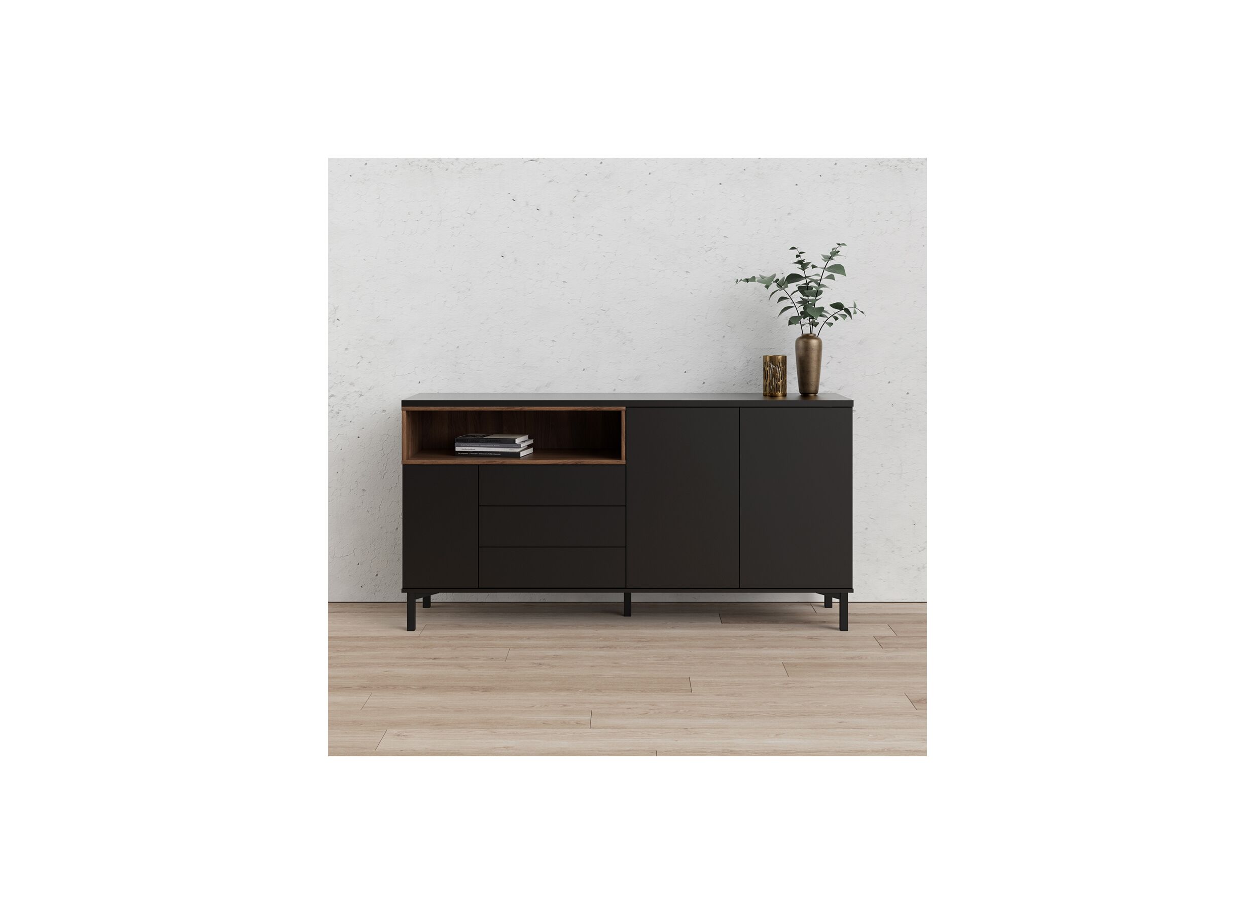Buffet Roomers 176cm - panneau de particules - noir & noix