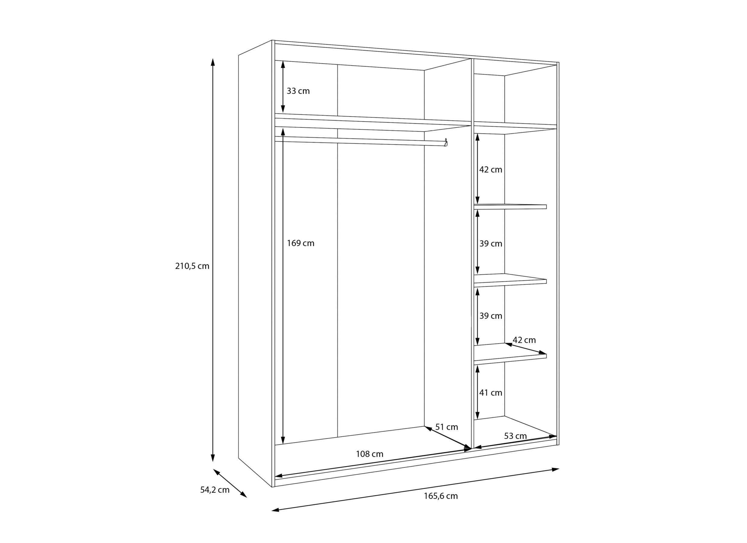 Afmetingen - Kleerkast Adria 166cm - decor - zandeik/wolframgrijs
