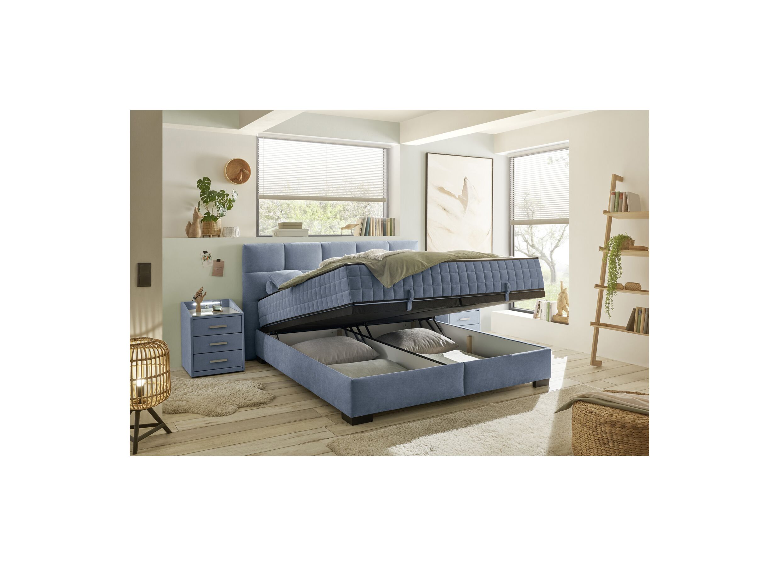 Foto ambiance - Lit box Nagol A 180x200cm avec rangement tissu bleu